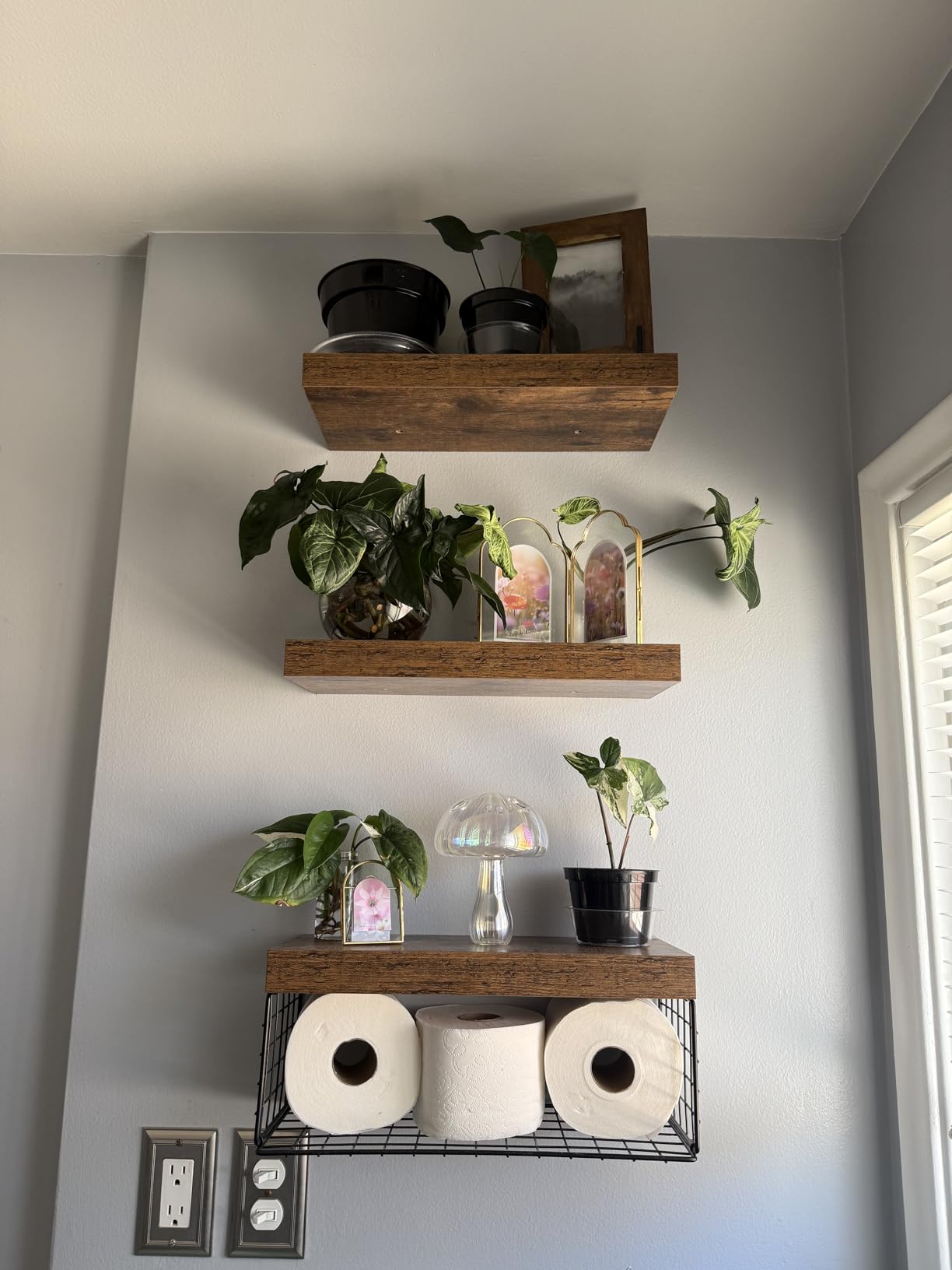 QEEIG Bathroom Shelves Over Toilet - Wall Mounted Floating Shelves Toilet Paper Storage Small Farmhouse Decor Shelf 16 inch Set of 3, Rustic Brown (019-BN3) customer photo 2