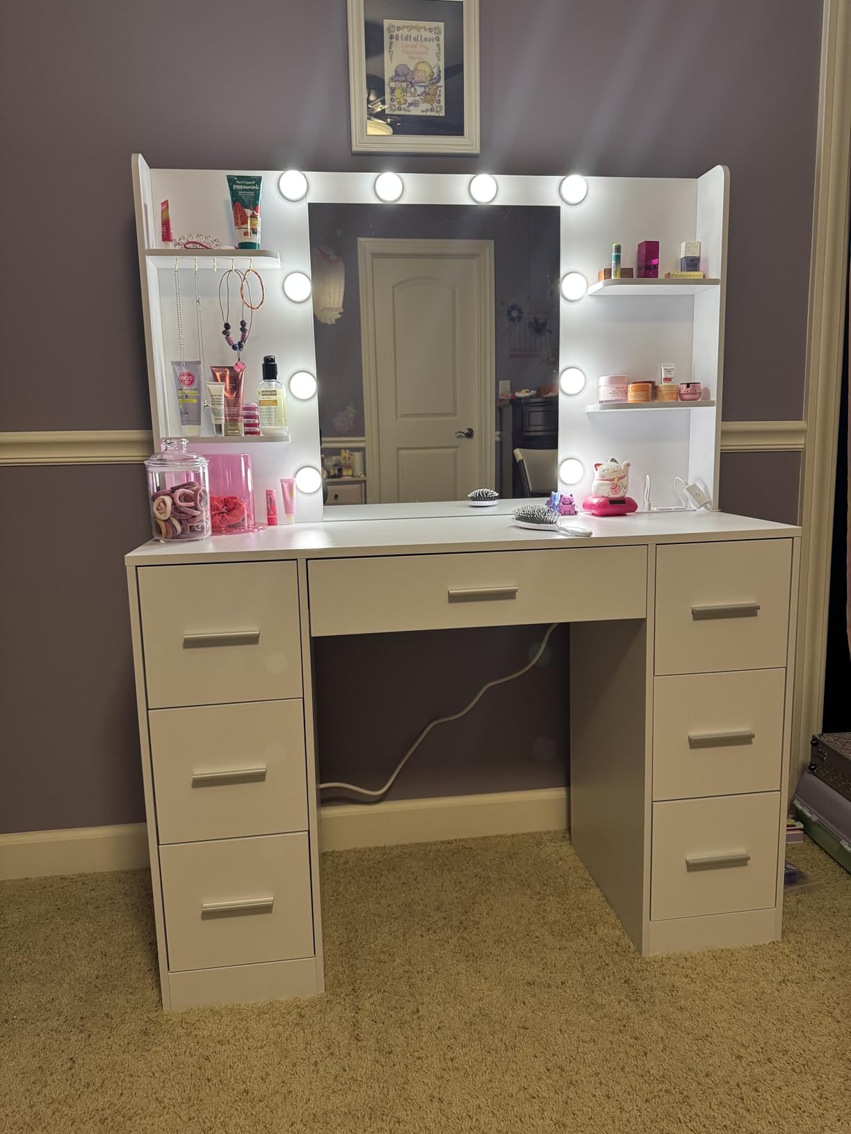 Quimoo Large Vanity Desk with LED Lighted Mirror & Power Outlet, Makeup Vanity Table with 7 Drawers, 4 Shelves and 5 Hooks, Vanity Table, Vanity Desk Set for Bedroom, Bathroom, White customer photo 1