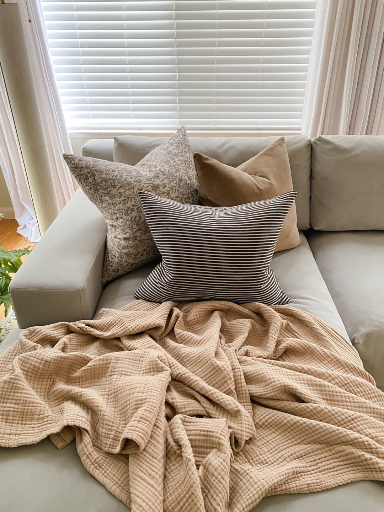 Bedsure 100% Cotton Muslin Blankets for Adults Large Throw 50x70 Inches - 4-Layer Breathable and Lightweight, Soft Boho Gauze Muslin Cotton Blanket for Couch Decor Travel Summer, Linen Beige customer photo 2