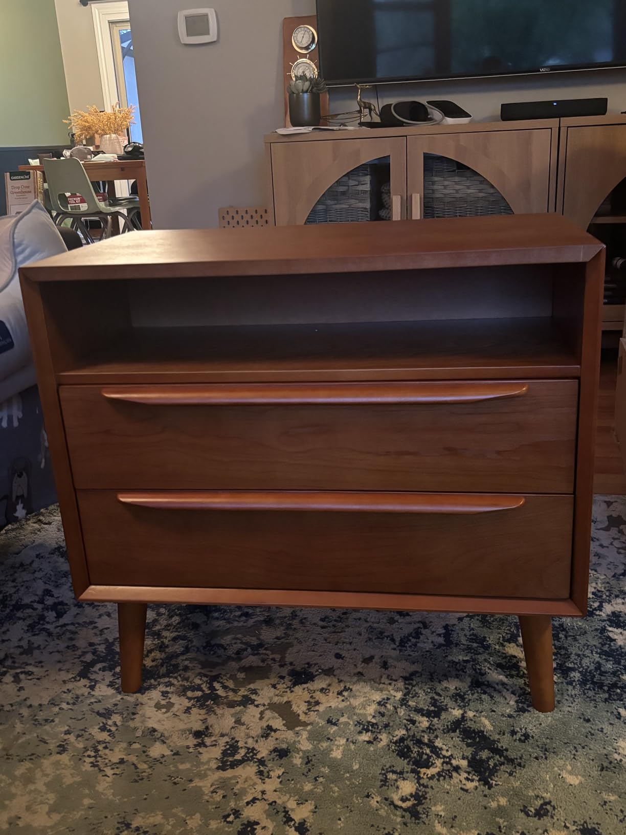 HULALA HOME End Table with Charging Station, Mid-Century Modern 2 Drawer and Open Shelf, Fluted End Table (Acorn) customer photo 1