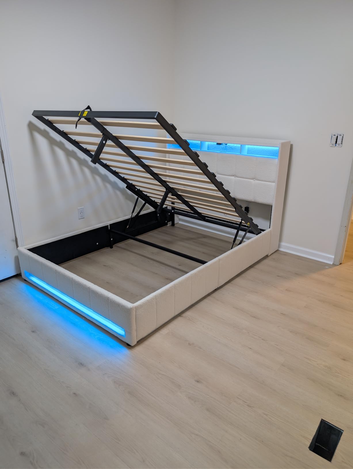Rolanstar Bed Frame Full Size with Lift Up Storage, Charging Station & LED Lights, Upholstered Storage Headboard, Heavy Duty Wooden Slats, No Box Spring Needed, Noise Free, Easy Assembly, Dark Grey customer photo 2