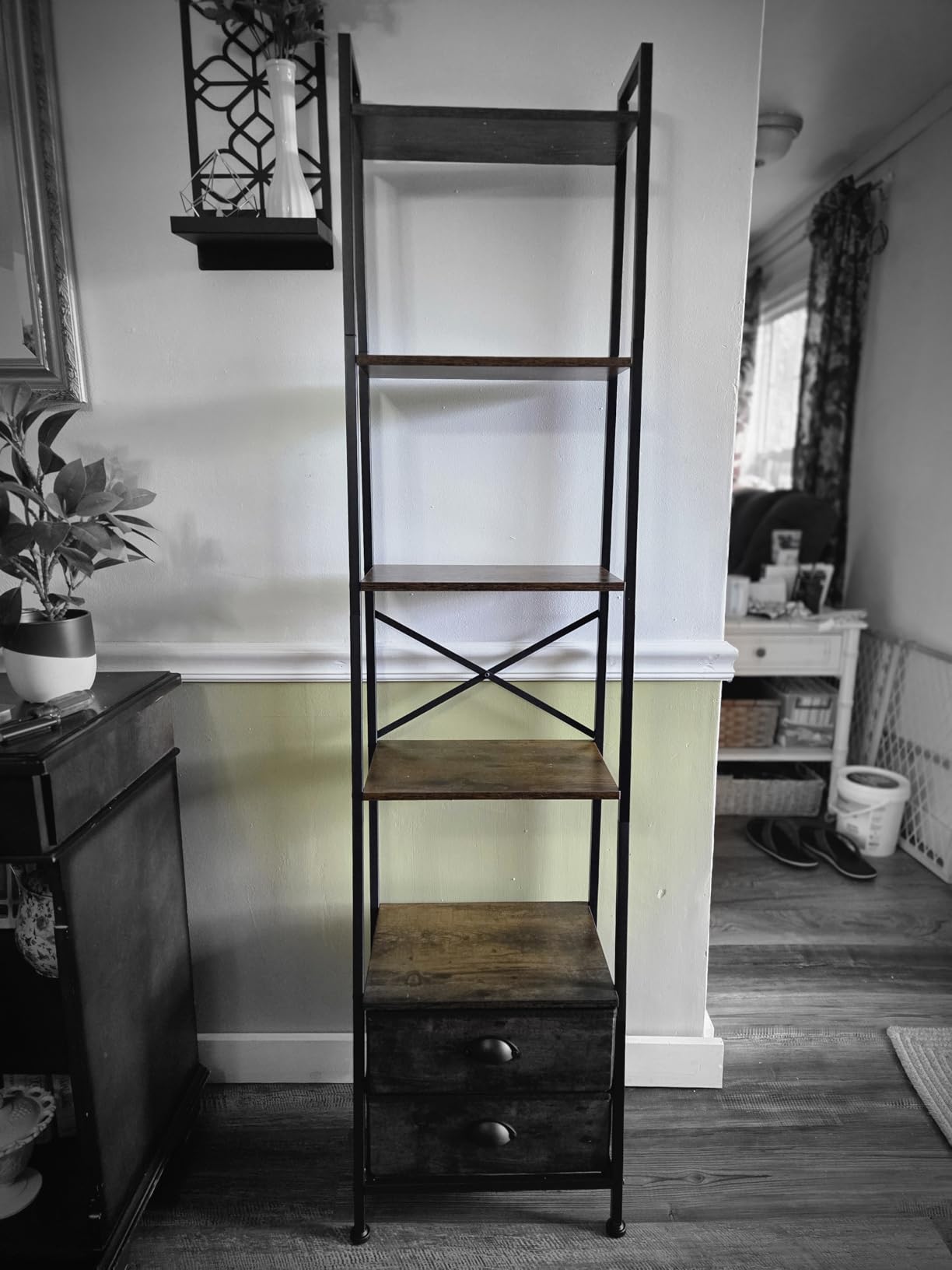 Furologee 5-Tier Ladder Shelf with 2 Drawers, Narrow Bookshelf Storage Shelves, Industrial Bookcase Freestanding Rack Units for Bedroom, Living Room, Bathroom, Home Office, Balcony, Wood Metal, Rustic Brown customer photo 1