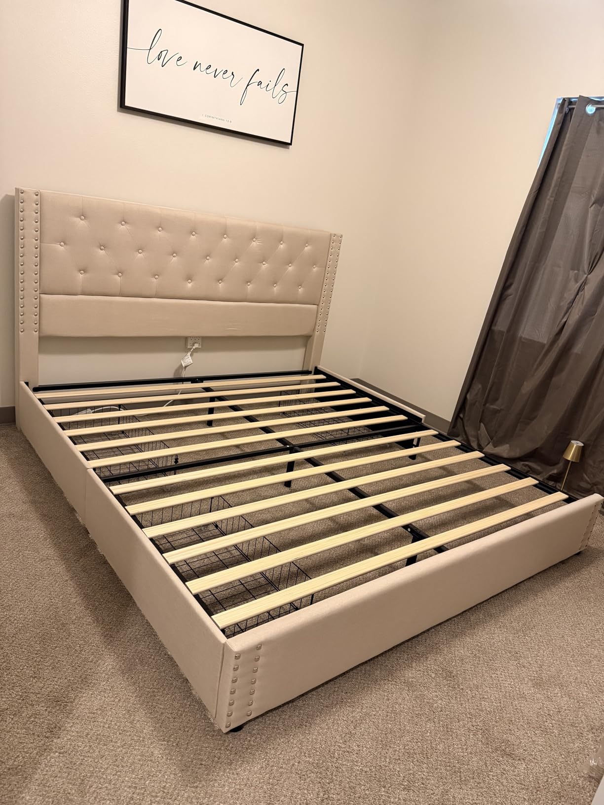 LARMACE Queen Size Bed Frame with 4 Storage Drawers and Tufted Headboard Linen Upholstered Platform Bed Frame with Heavy Duty Wood Slats, No Box Spring Needed, Easy Assembly, Beige customer photo 1