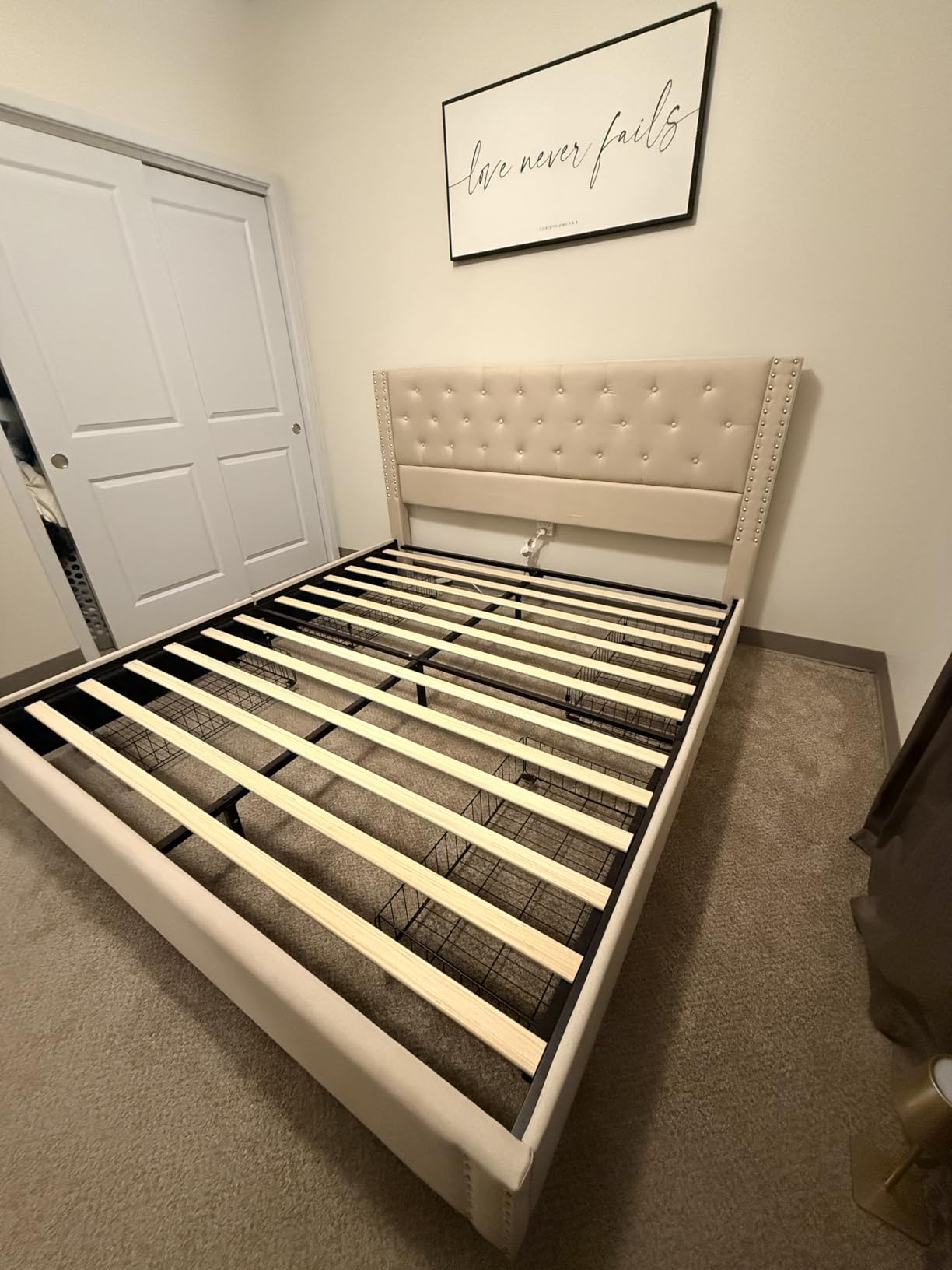 LARMACE Queen Size Bed Frame with 4 Storage Drawers and Tufted Headboard Linen Upholstered Platform Bed Frame with Heavy Duty Wood Slats, No Box Spring Needed, Easy Assembly, Beige customer photo 2