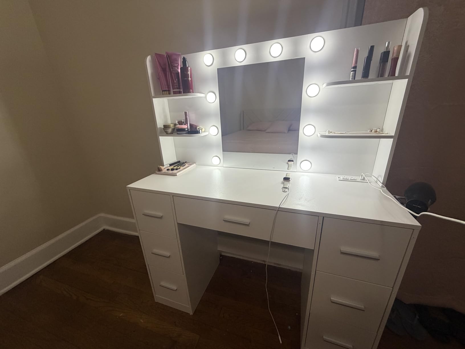 Furmax Vanity Desk with Mirror, LED Lights and Power Outlet Makeup Vanity Table with 7 Drawers and 6 Storage Shelves Dressing Table for Bedroom Dressing Room (White) customer photo 2
