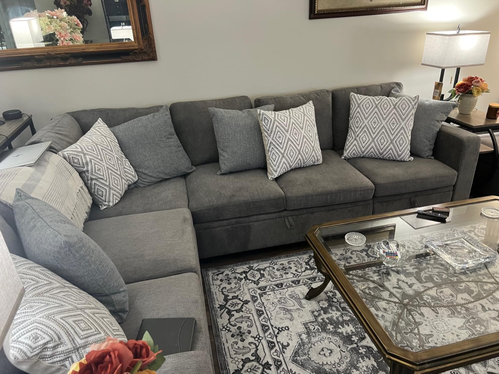 HONBAY Sectional Sleeper Sofa with Pull Out Bed, Corduroy L Shaped Couch with Storage, Modular Sectional Couches customer photo 1