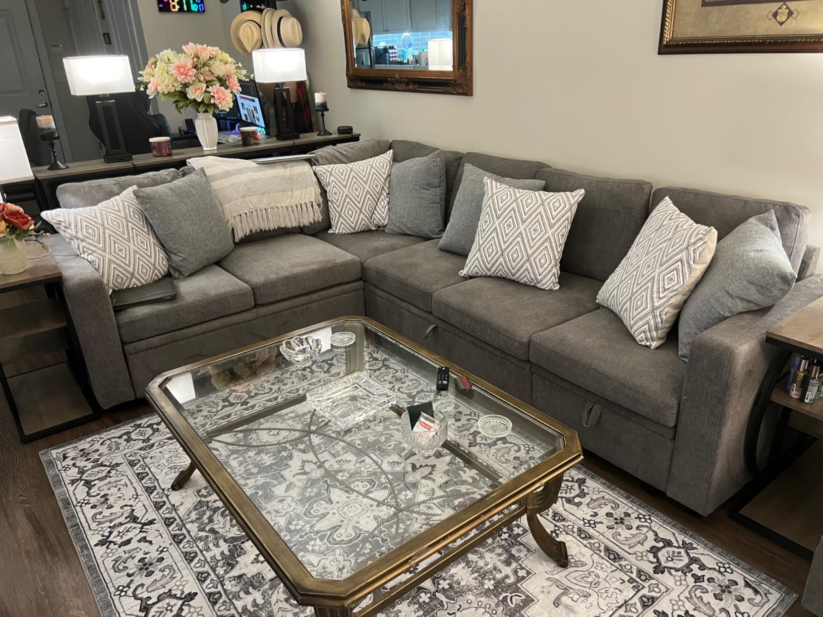 HONBAY Sectional Sleeper Sofa with Pull Out Bed, Corduroy L Shaped Couch with Storage, Modular Sectional Couches customer photo 2