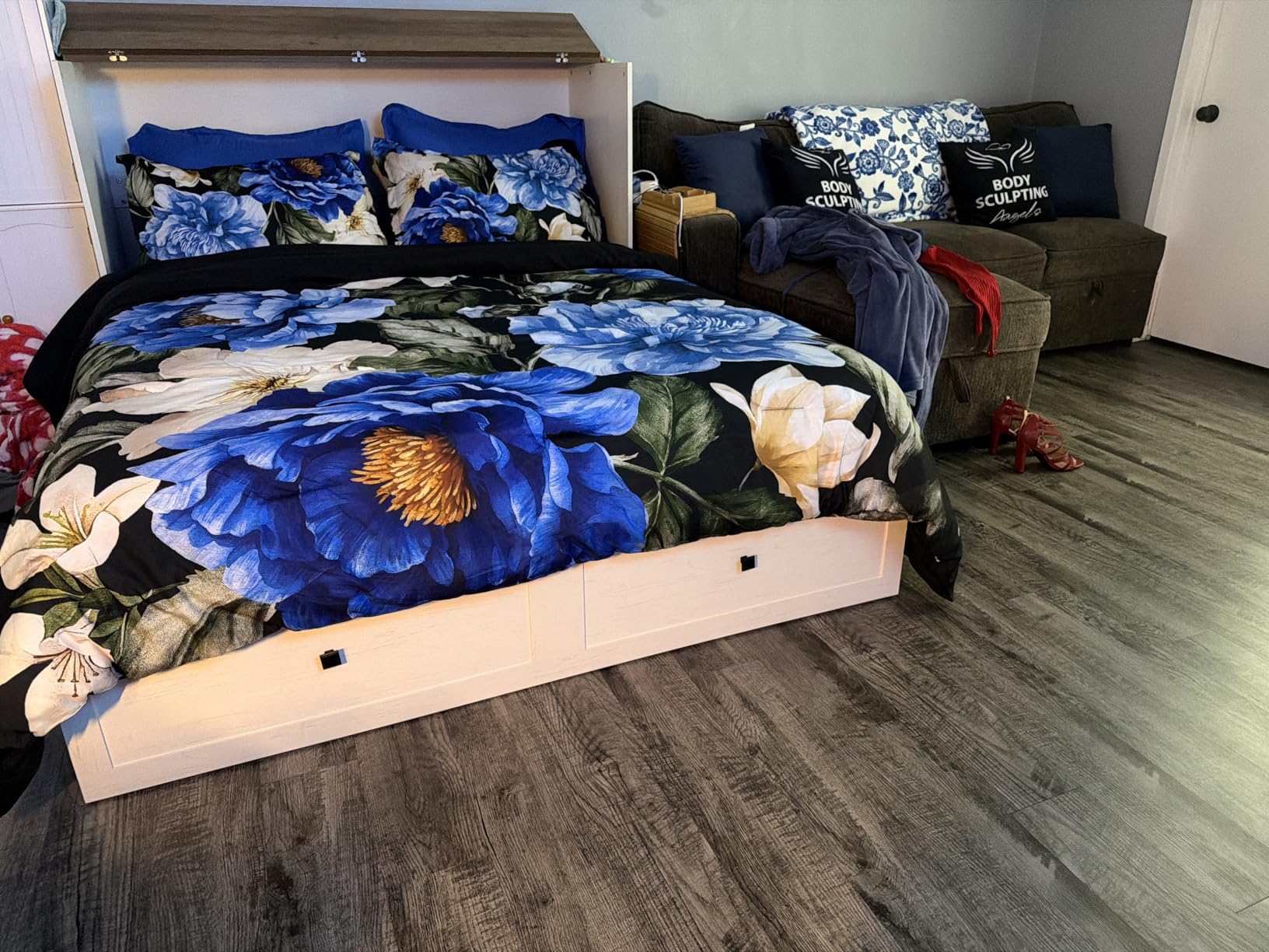LUXOAK Murphy Bed with Charging Station, Queen Size Cabinet Bed with Large Storage Drawer for Home Office or Small Room, Hideaway Foldable Platform Bed, White customer photo 1