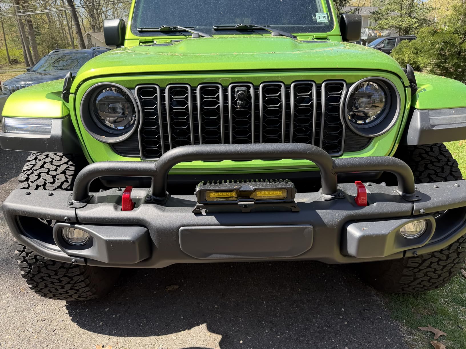 KUAFU Front Bumper Brush Guard Bull Bar Compatible with 2018-2024 Jeep Wrangler JL 2020-2024 Gladiator JT Triple Hoop Winch & Grille Grill Guard Bumper Bar Protector 82216474AA Steel Replacement Only customer photo 1