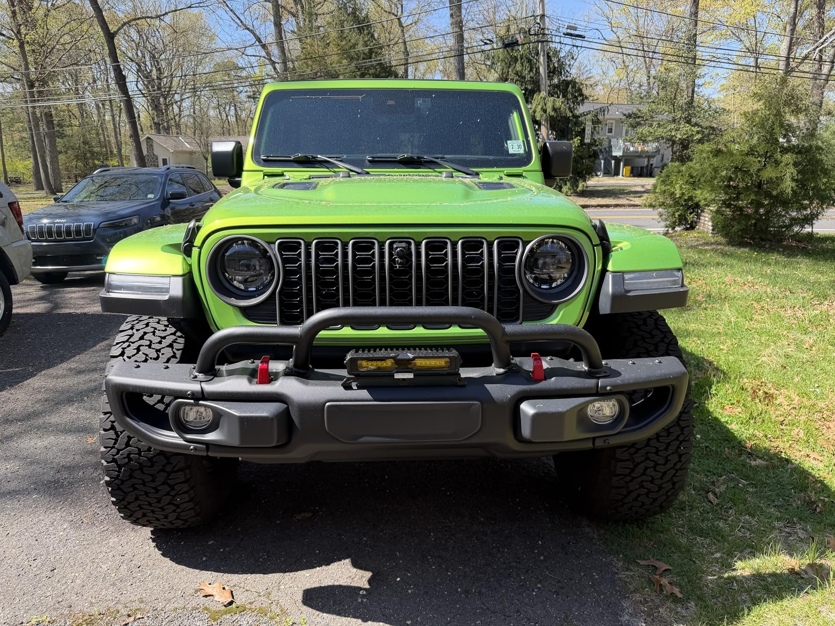 KUAFU Front Bumper Brush Guard Bull Bar Compatible with 2018-2024 Jeep Wrangler JL 2020-2024 Gladiator JT Triple Hoop Winch & Grille Grill Guard Bumper Bar Protector 82216474AA Steel Replacement Only customer photo 2