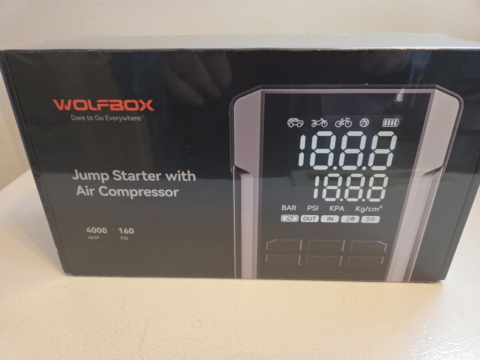 WOLFBOX 4000A Jump Starter with 160PSI Air Compressor, 12V Car Battery Booster, 88.8Wh Portable Jump Box (10.0 Gas/10.0L Diesel) with 65W Fast Charging, Tire Inflator, Jumper Cables, and LED Light customer photo 2