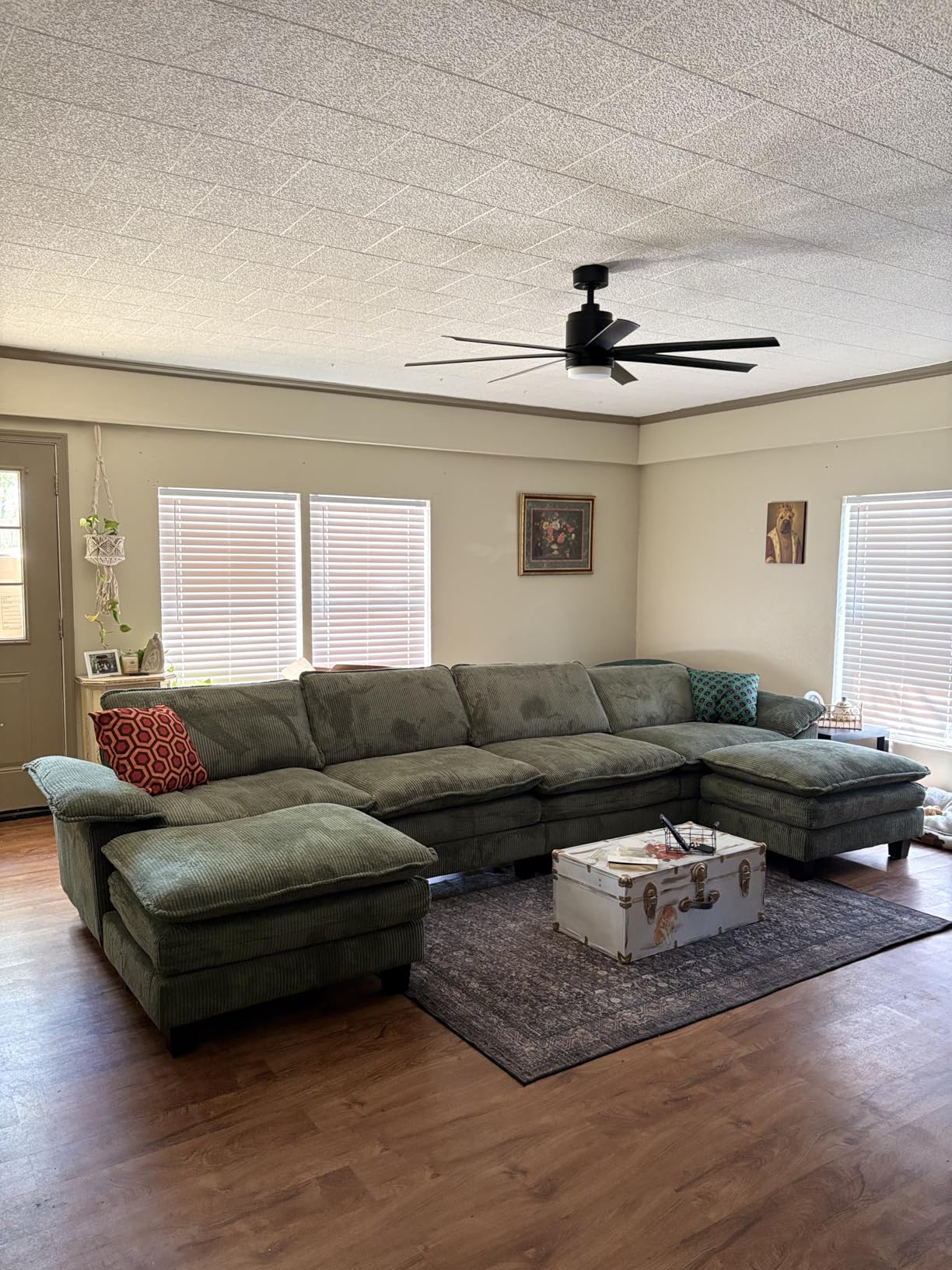 LINSY HOME 123'' Modular Sectional Sofa Green Couch Corduroy Cloud Couches for Living Room, L Shaped Couch with Movable Ottoman, Modern Cloud Sectional Sofas for Bedroom and Apartment, Green customer photo 2
