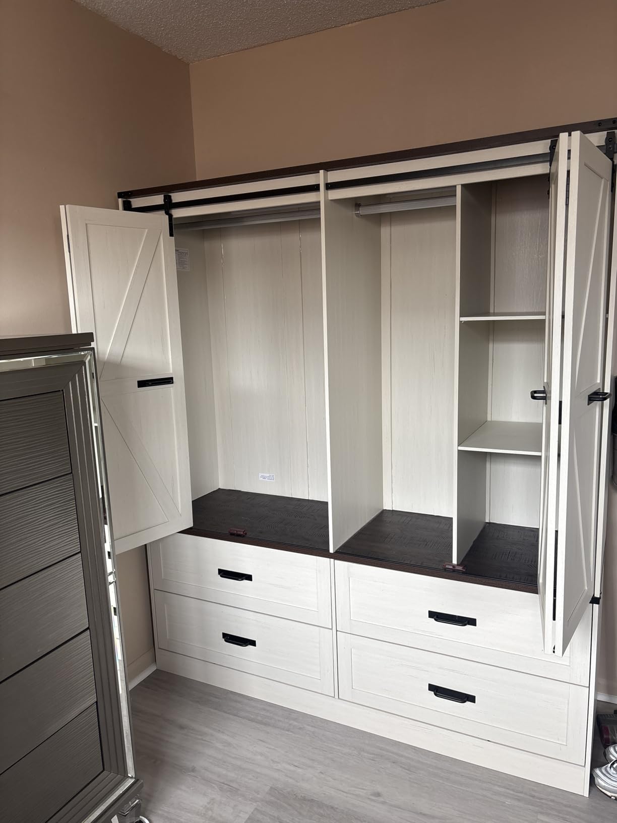 Farmhouse 4 Doors Armoire Wardrobe Closet w/Folding Sliding Barn Door and Lights, LED Armoire Closet w/Drawers for Bedroom, Freestanding Wooden Wardrobe Storage Closets w/Hanging Rod,Antique White customer photo 1