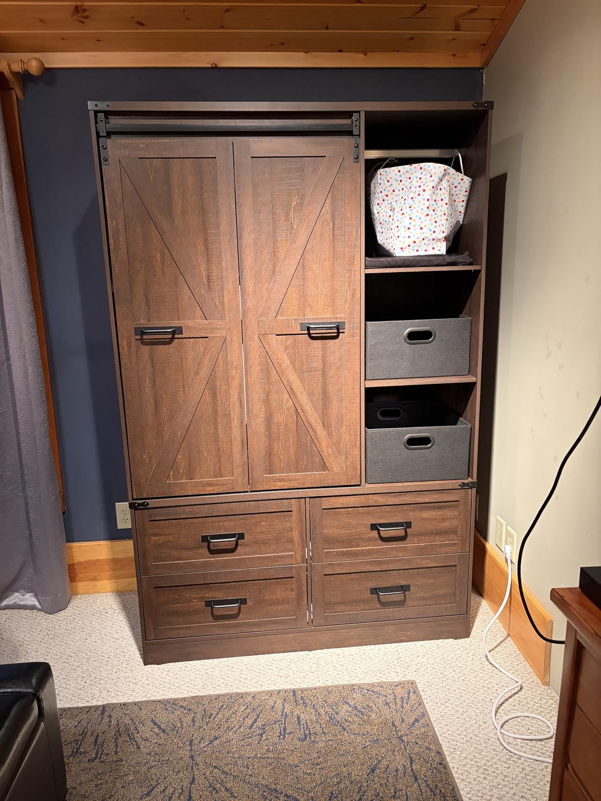 Farmhouse 4 Doors Armoire Wardrobe Closet w/Folding Sliding Barn Door and Lights, LED Armoire Closet w/Drawers for Bedroom, Freestanding Wooden Wardrobe Storage Closets w/Hanging Rod,Antique White customer photo 2