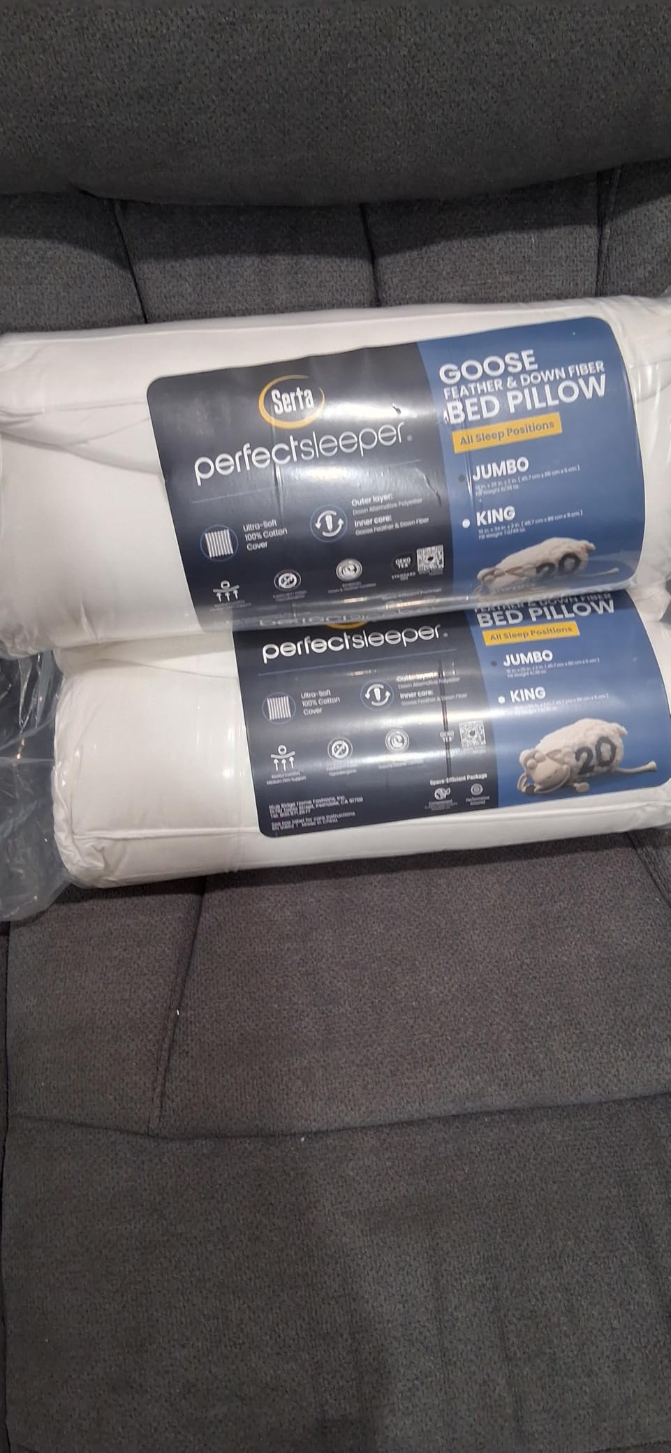 Serta Hotel Collection Pillows Queen Size Set of 2 White Goose Feather Down Fiber Gusseted 100% Cotton Pillow for Back, Stomach or Side Sleepers customer photo 1