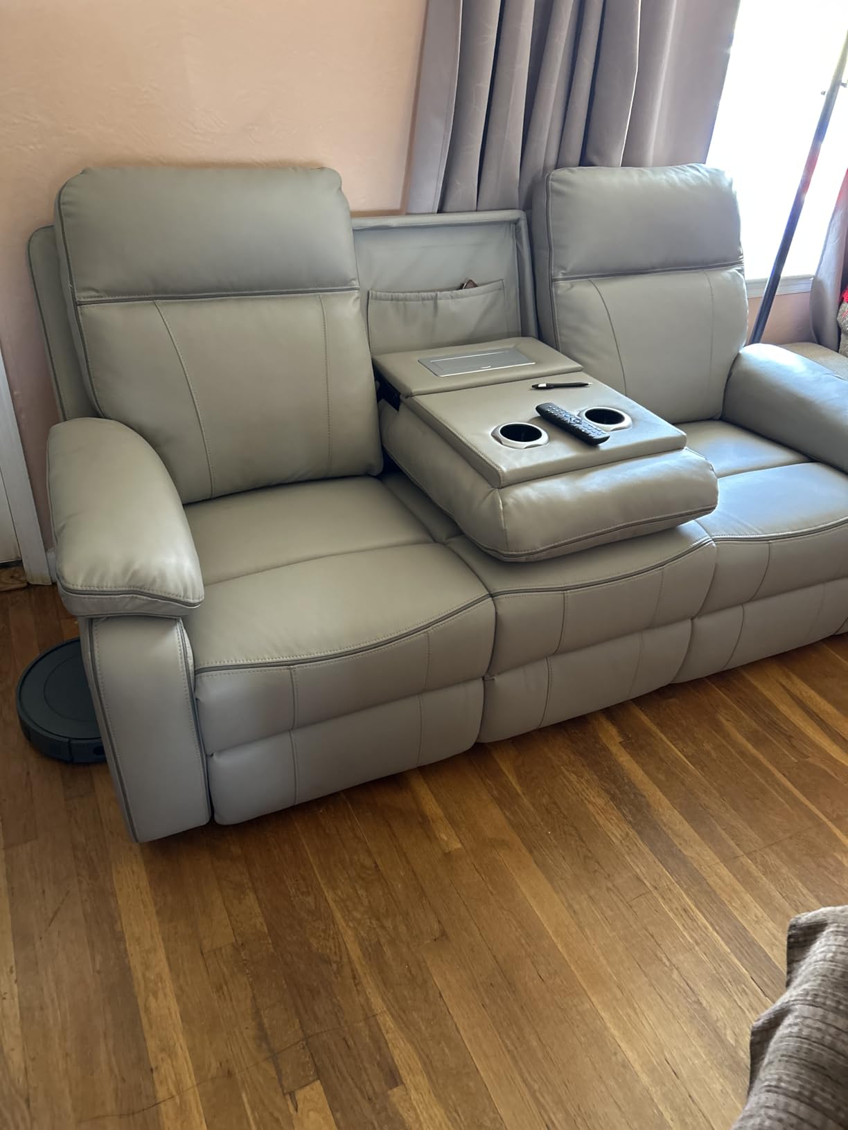 Power Reclining Sofa with Fold Down Table, Breathable Leather Electric Reclining Couch, Power Loveseat Recliner Sofa with Cup Holders/Outlets/USB-C/A Ports for Living Room(Grey, 3 Seat) customer photo 1