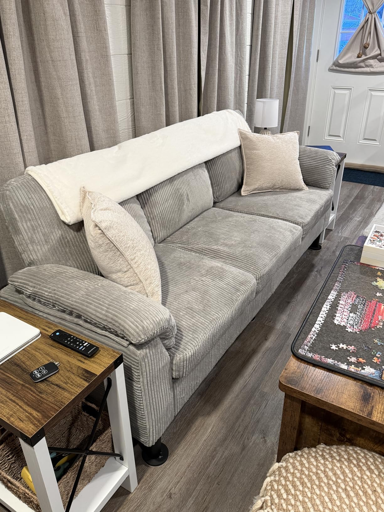 Vongrasig Convertible Sectional Sofa Couch, 3 Seat L Shaped Sofa with Removable Pillows Soft Corduroy Fabric Small Couch Mid Century for Living Room, Apartment and Office (Gray) customer photo 2