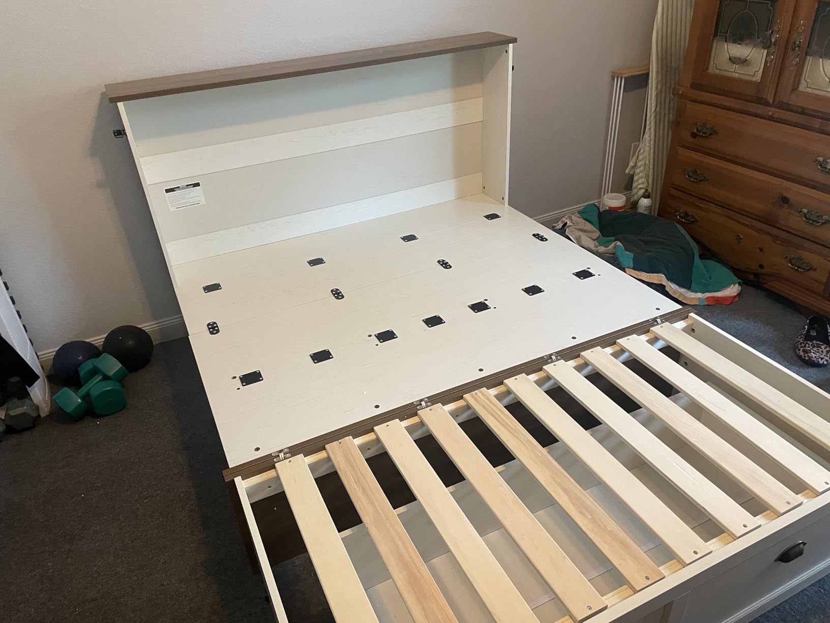 AMERLIFE Queen Size Murphy Bed, Farmhouse Wooden Cabinet with Charging Station and Storage Drawer for Bedroom/Office/Guest Room, Grey Oak customer photo 1