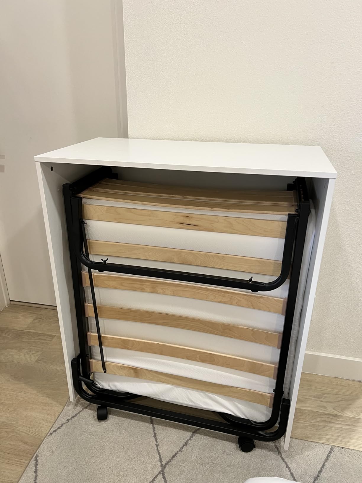 KOMFOTT Murphy Bed Cabinet, Rolling Folding Bed into Cabinet with Mattress & Lockable Wheels, Folding Bed Frame for Small Space, Roll Away Pull Out Murphy Bed for Guest Room Office customer photo 1