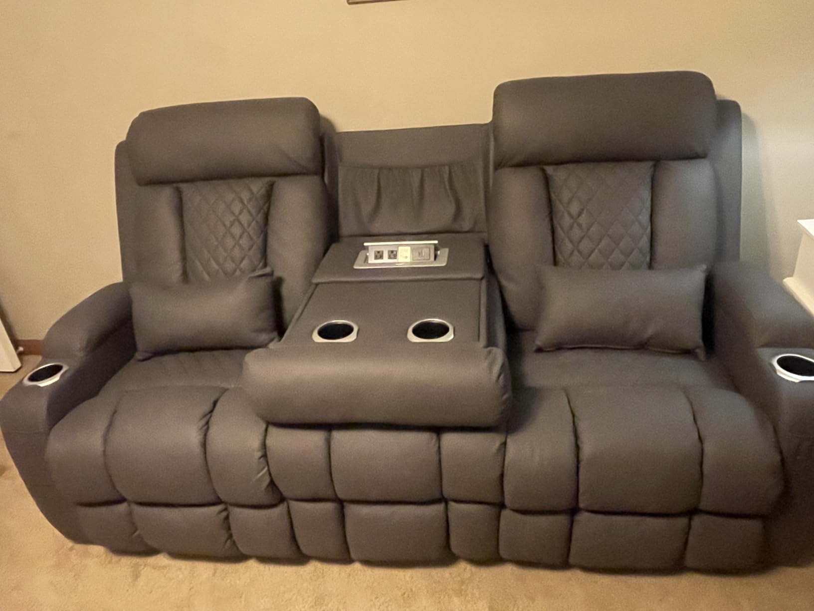 Zero Wall Hugger Power Reclining Sofa with Adjustable Headrest, Electric Reclining Couch with Drop-Down Table and Outlets (Gray, 3 Seat) customer photo 1