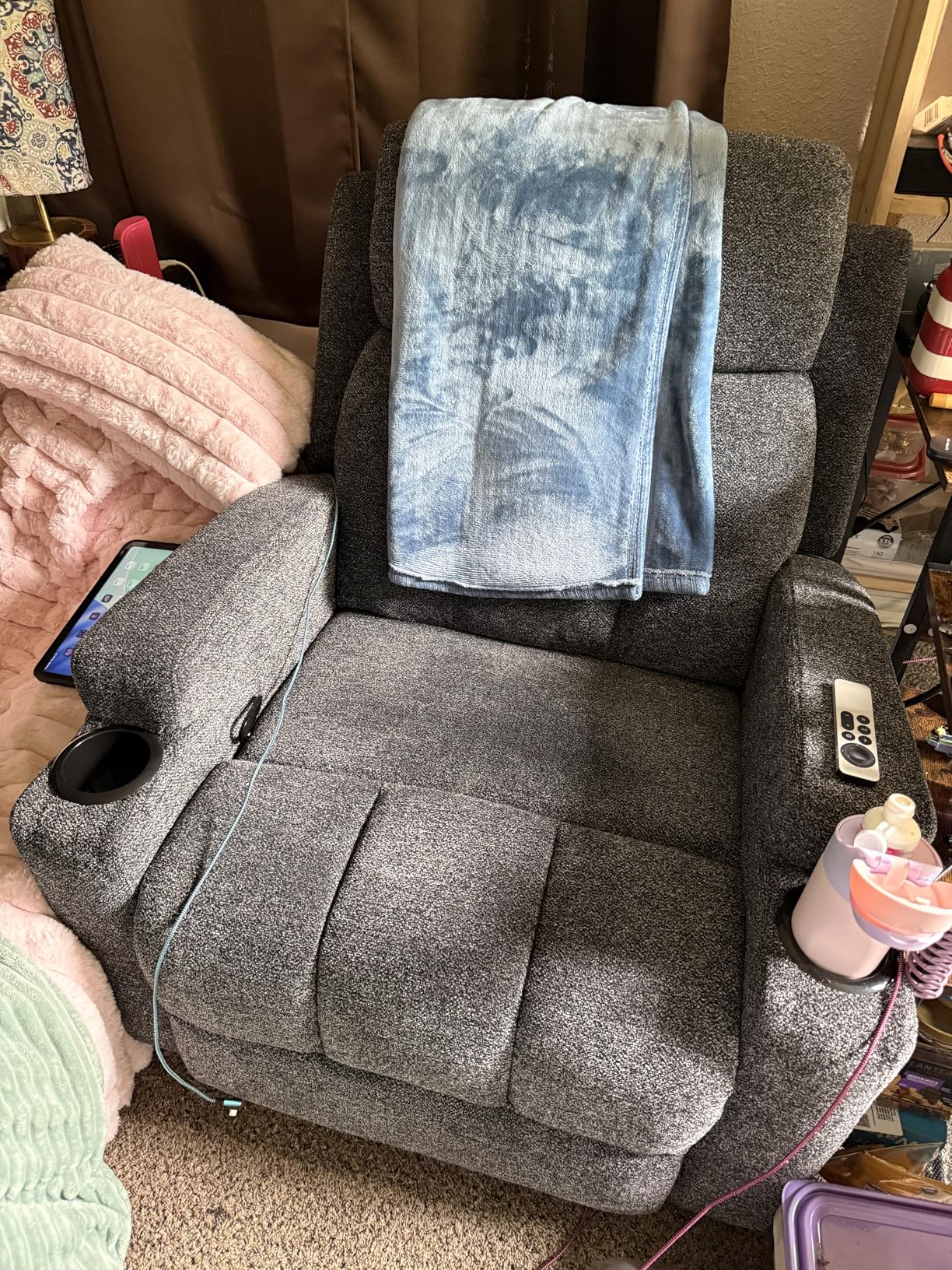 CANMOV Manual Recliner Chair with Massage and Heat, Soft Fabric Recliner Chair with Overstuffed Arm and Back, Manual Reclining Single Sofa with 2 Cup Holders, Side Pocket for Living Room, Dark Grey customer photo 1