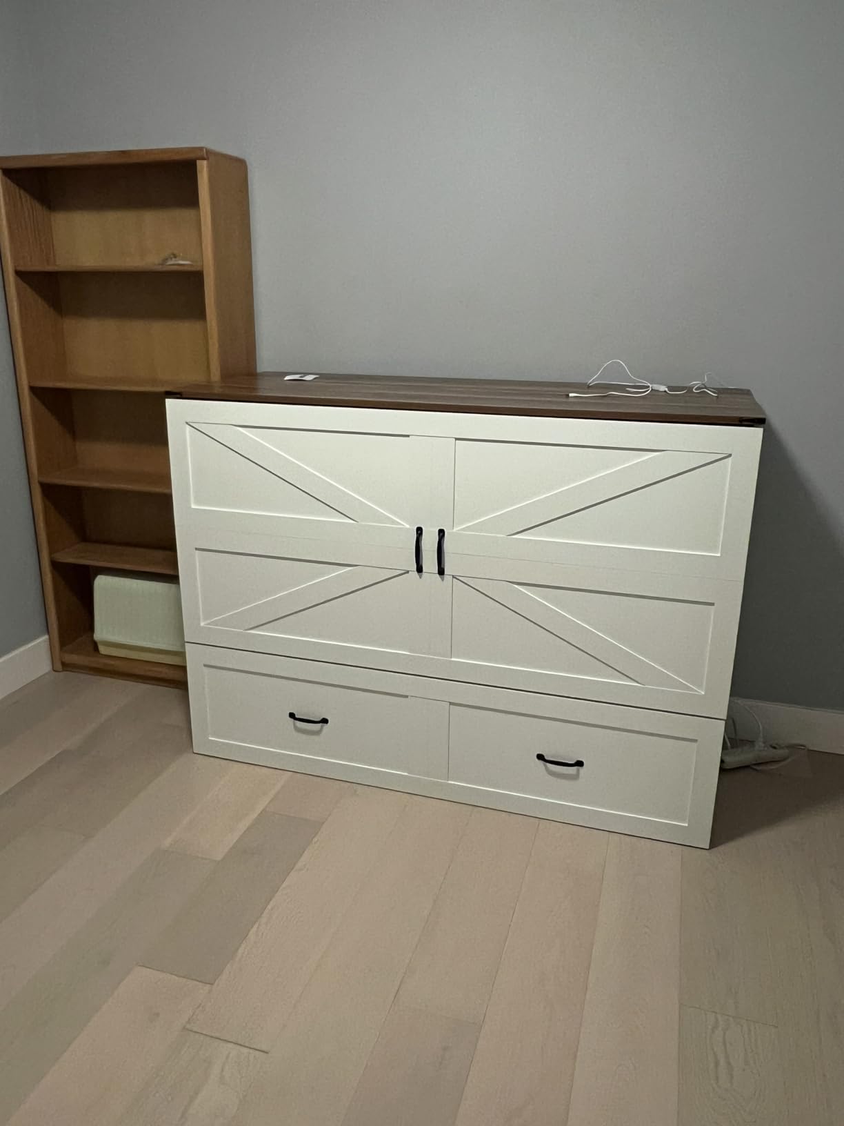 KCGKCG Full Size Murphy Bed with Storage & Charging Station, Murphy Cabinet Bed with Drawer for Guest Bedroom, Living Room, Office or Small Room, Full Foldable Platform Bed (White, Full) customer photo 2