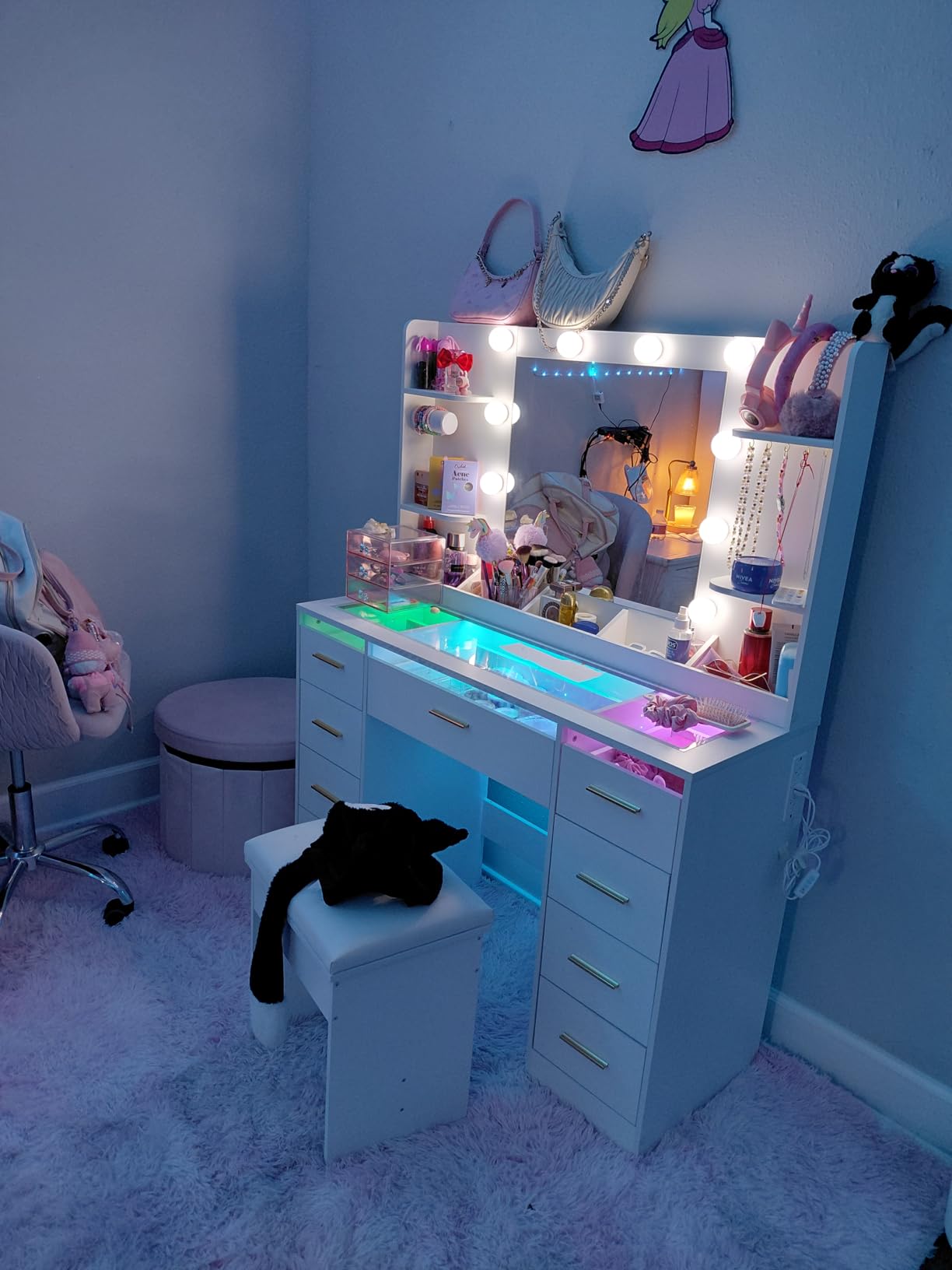 ANWBROAD Vanity Desk with Mirror and Lights 3 Colors Large Makeup Vanity Table Set Transparent Glass Top with 9 RGB Drawers, 4 Shelves Vanity Desk with Stool Power Outlet White Bedroom Women UBDT94W customer photo 1