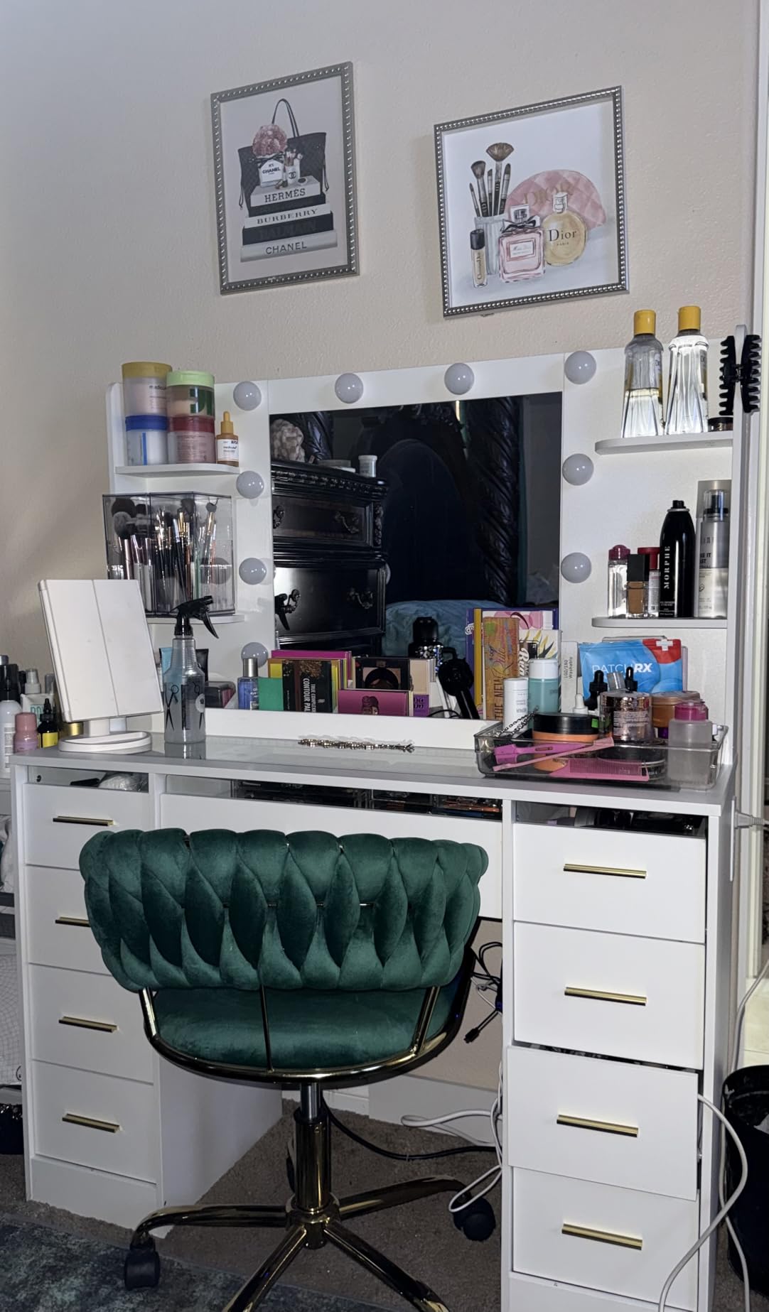 ANWBROAD Vanity Desk with Mirror and Lights 3 Colors Large Makeup Vanity Table Set Transparent Glass Top with 9 RGB Drawers, 4 Shelves Vanity Desk with Stool Power Outlet White Bedroom Women UBDT94W customer photo 2