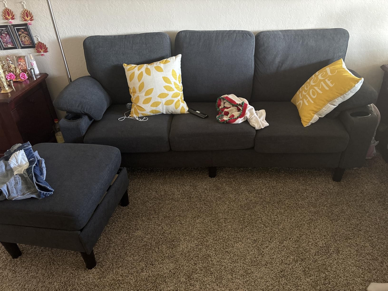 80'' L-Shaped Sectional Sofa with Reversible Storage Ottoman, 3-Seater Teddy Fabric Couch with USB Charger and Cup Holders for Small Space (Dark Grey) customer photo 1