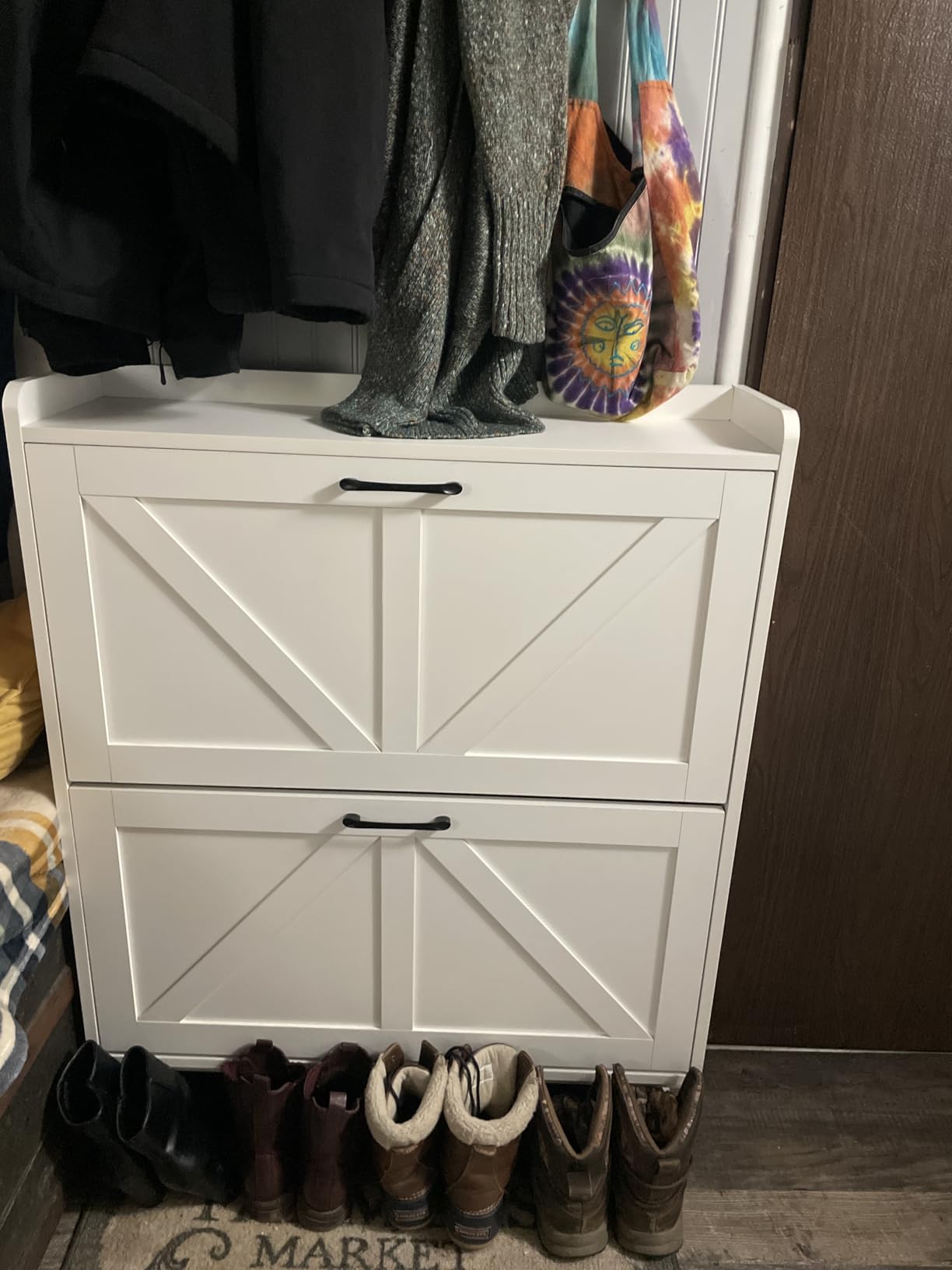 GRUSIGN Shoe Cabinet, Shoe Storage Cabinet with 2 Flip Drawers & Adjustable Shelf, Space-Saving Shoe Organizer, Holds 16+ Pairs, Narrow Shoe Cabinet Storage for Entryway/Hallway, White customer photo 2