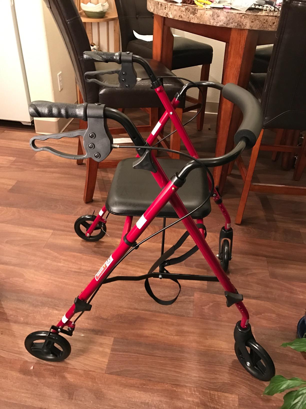 Medline Superlight Folding Aluminum Mobility Rollator Walker, Red, 250 lb. Weight Capacity, 6