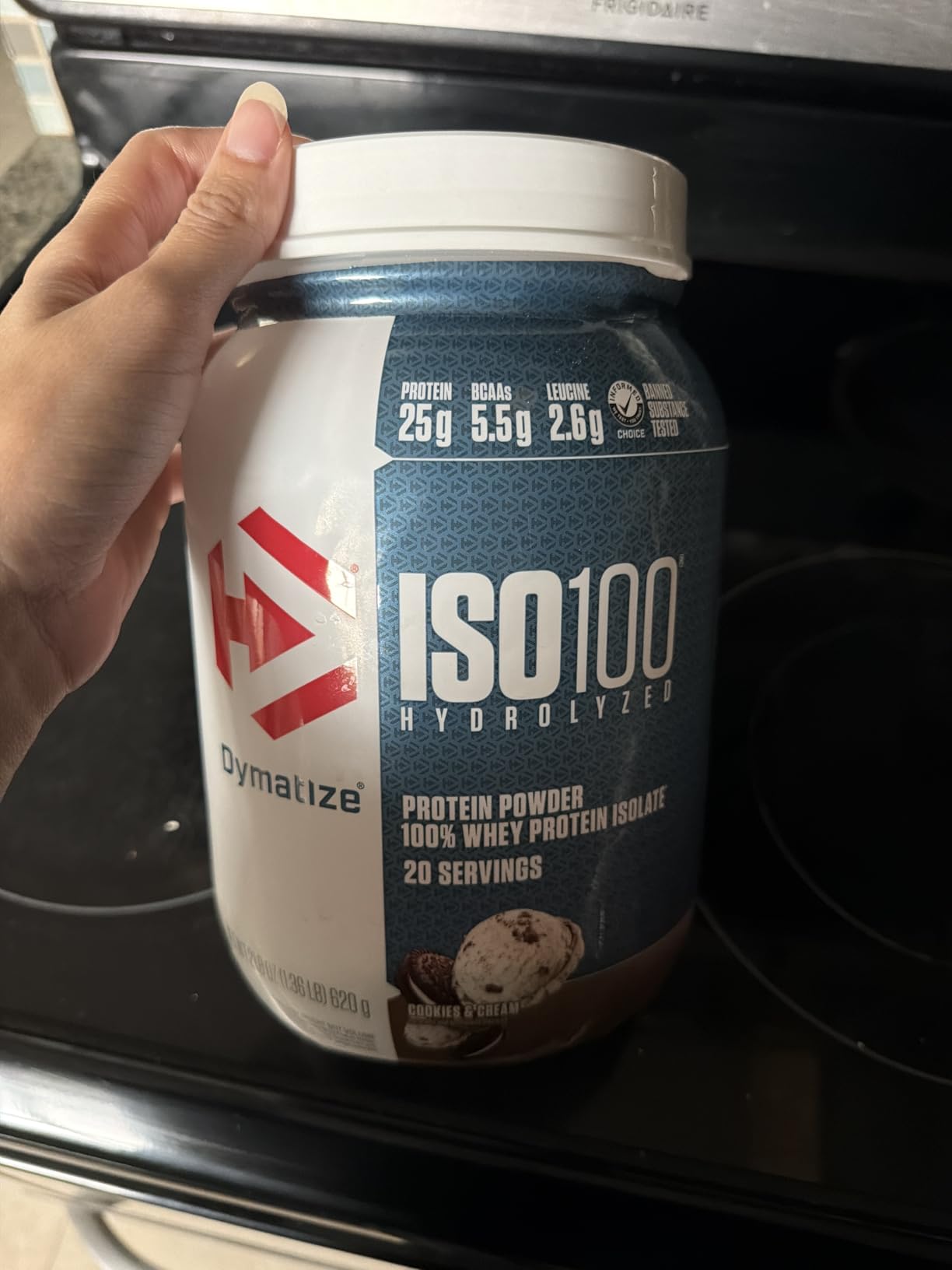 Dymatize ISO100 Whey Protein Powder Isolate, Cookies & Cream, 25g of Protein, 5 Pound, 5.5g BCAAs, Less Than 120 Cal., Gluten Free, 1g Fat, 1g Sugar, 2g Carb (74 Servings) customer photo 1