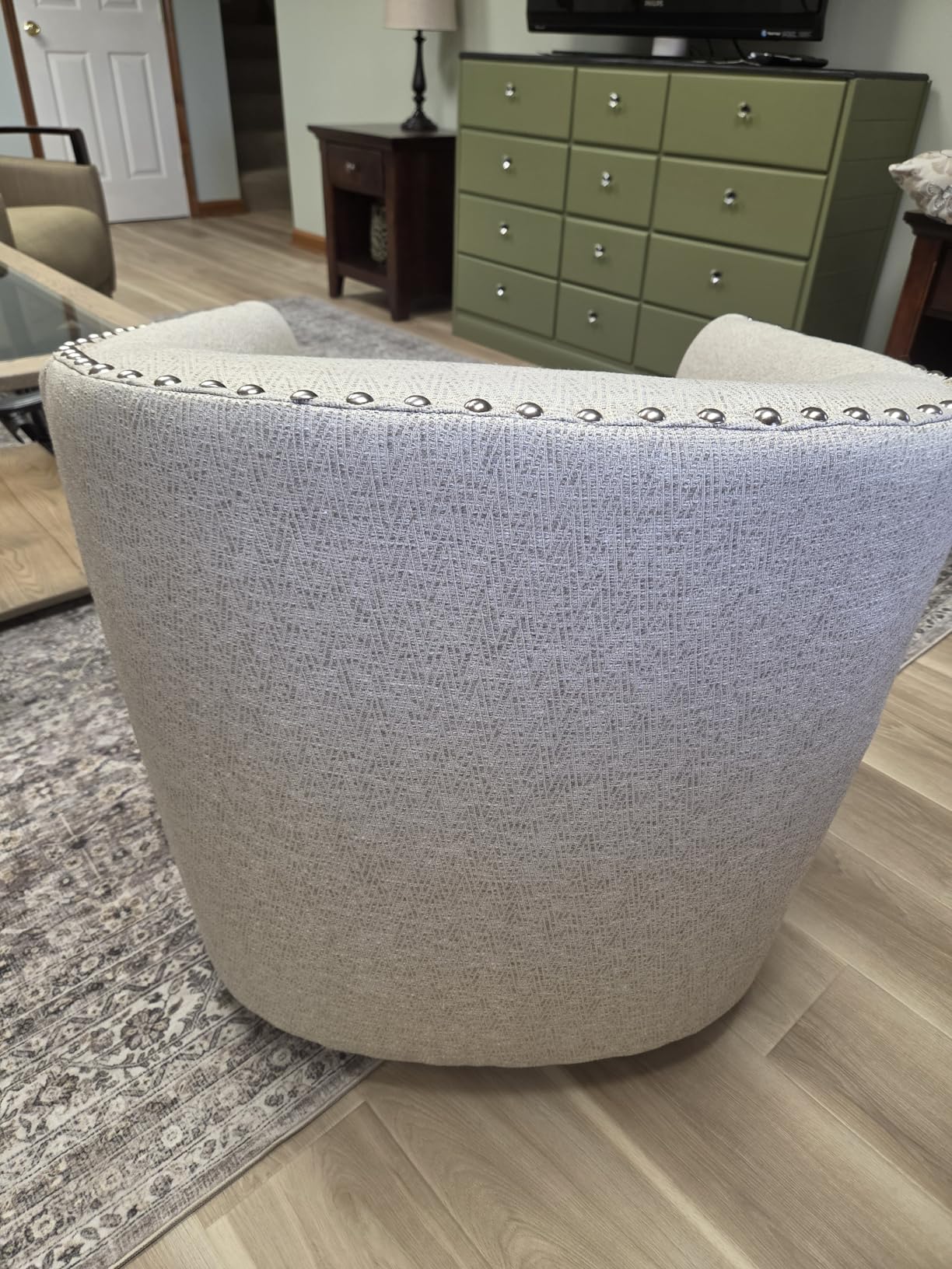 Madison Park Swivel Barrel Accent Chair, Upholstered Curved Back with 7-Inch Thick Woven Cushion, 360 Swivel, Nailhead Trim, Comfy Chair for Living Room, Bedroom, Office, 28 Wide, Neutral, Tyler customer photo 2