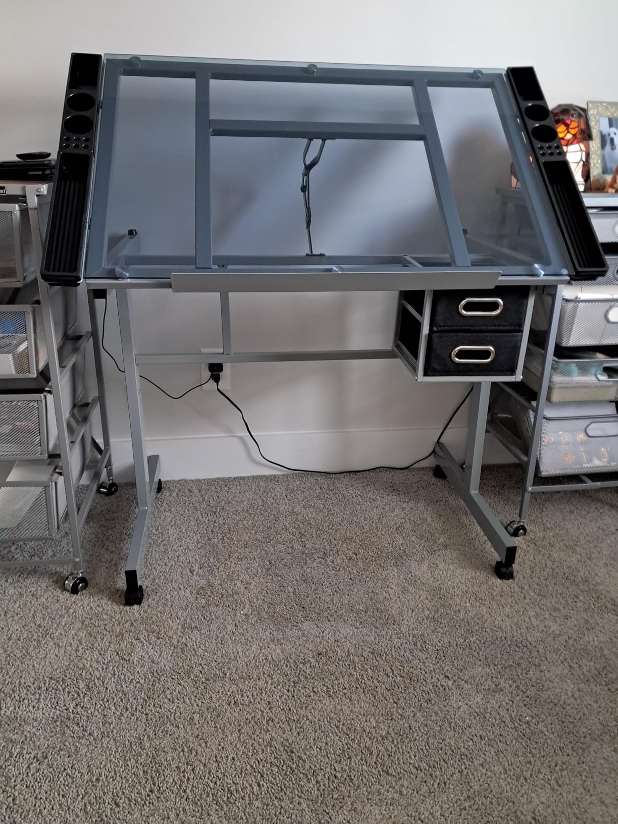 Yaheetech Drawing Desk Adjustable Glass Drafting Study Table for Diamond/Versatile Art Craft Station w/ 2 Slide Rolling Wheels and Drawers customer photo 2