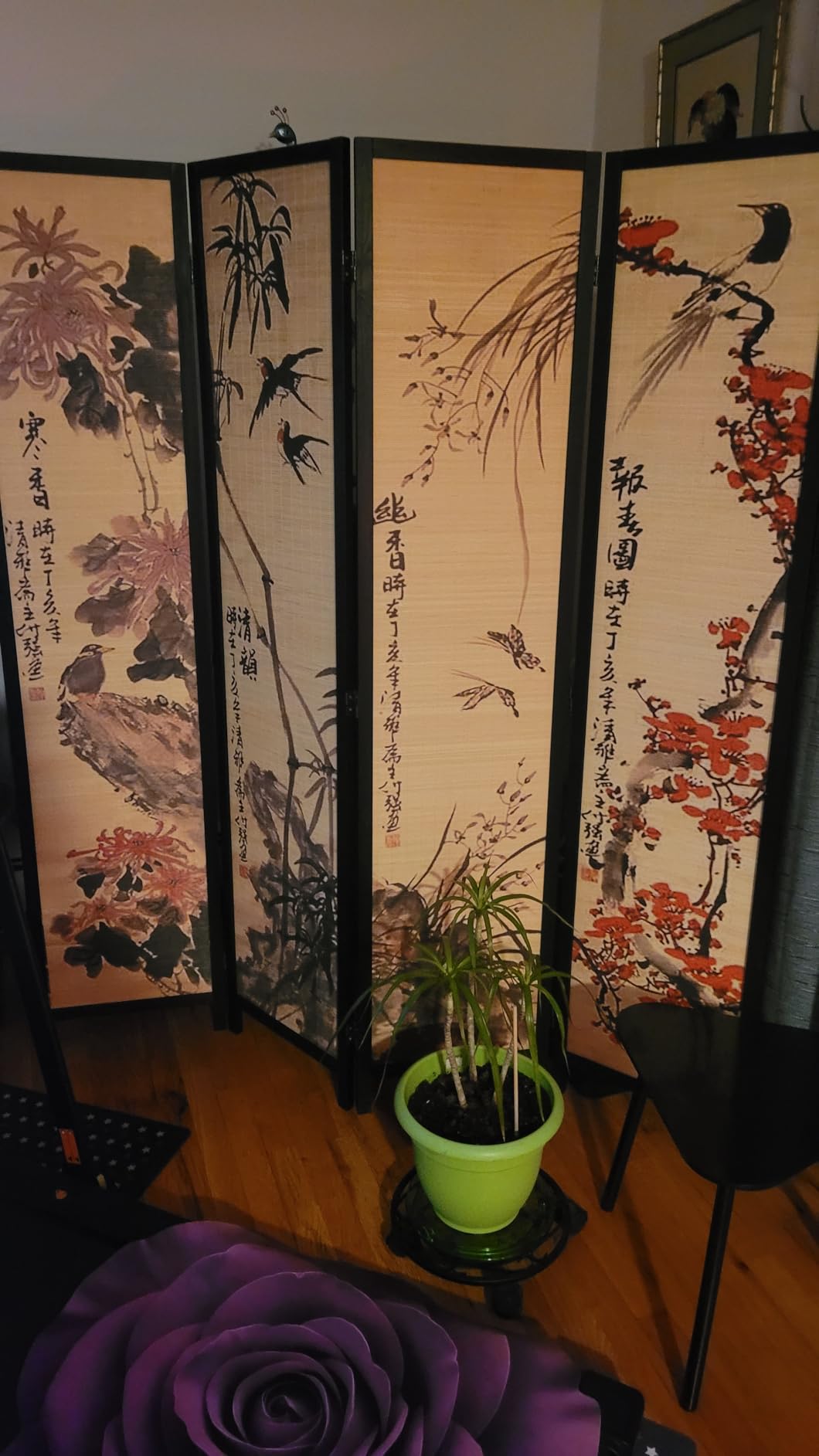 MyGift 4-Panel Folding Bamboo Room Divider Asian-Inspired Cherry Blossom Scene, 6 FT Freestanding Floral Artwork Room Partitioner with Beige Wood Frame customer photo 1