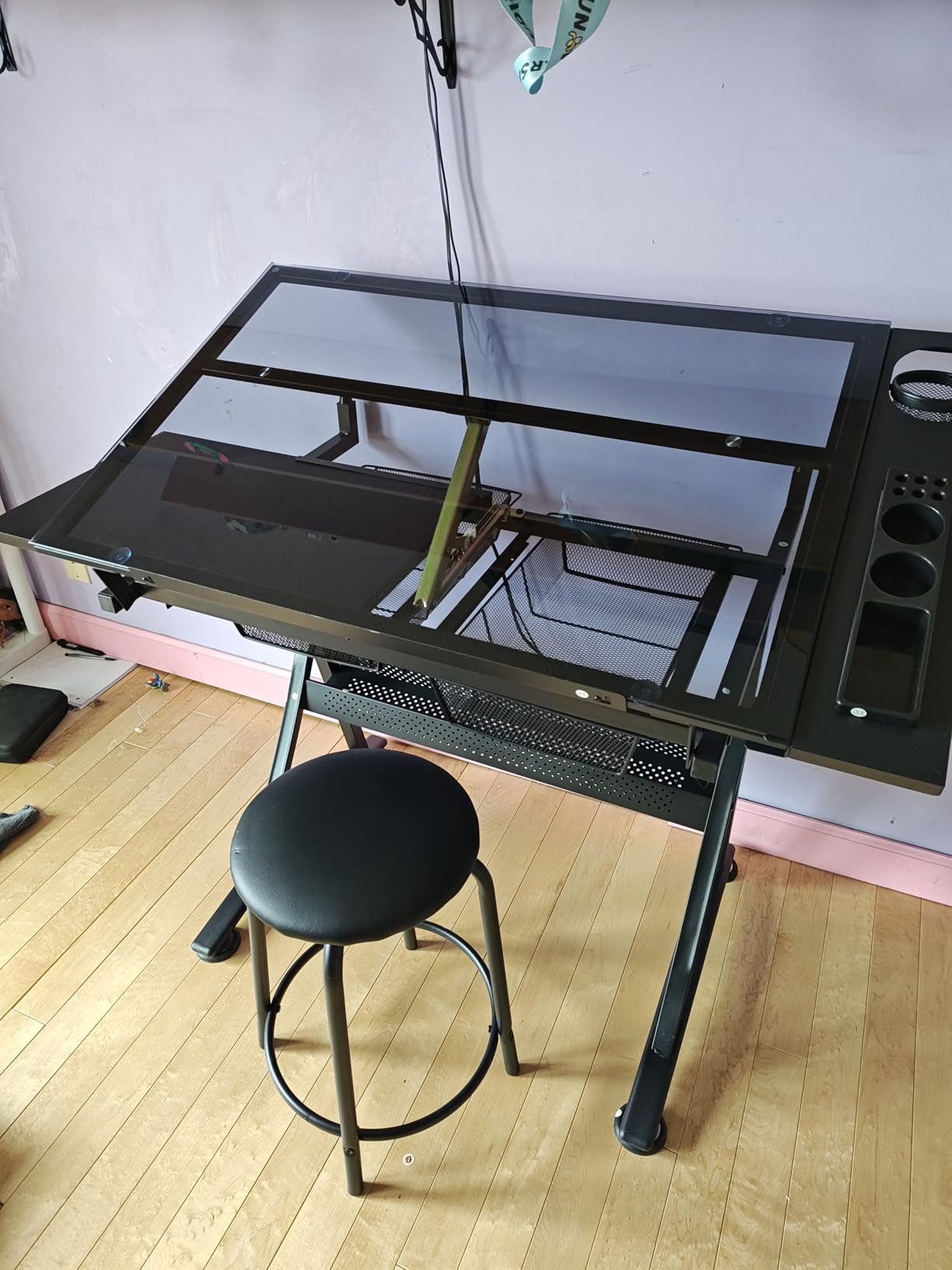 Yaheetech Drafting Table w/Stool Height Adjustable Multifunctional Art Craft Artists Desk Tilting Glass Tabletop Diamond Paintings Work Station w/2 Storage Drawers customer photo 2