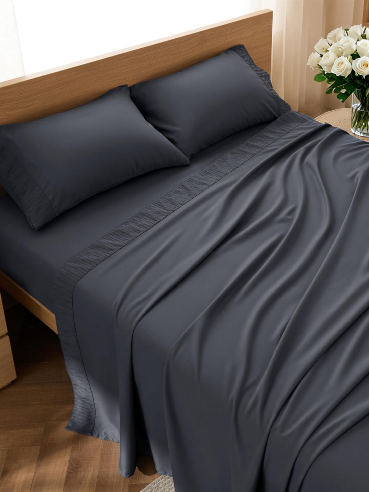 Bedsure Queen Sheet Set - 4 Pieces Soft Queen Size Sheets - Breathable & Cooling - Hotel Luxury - Easy Care Polyester Microfiber Bedding for Kids, Women, Men, Dark Grey customer photo 1