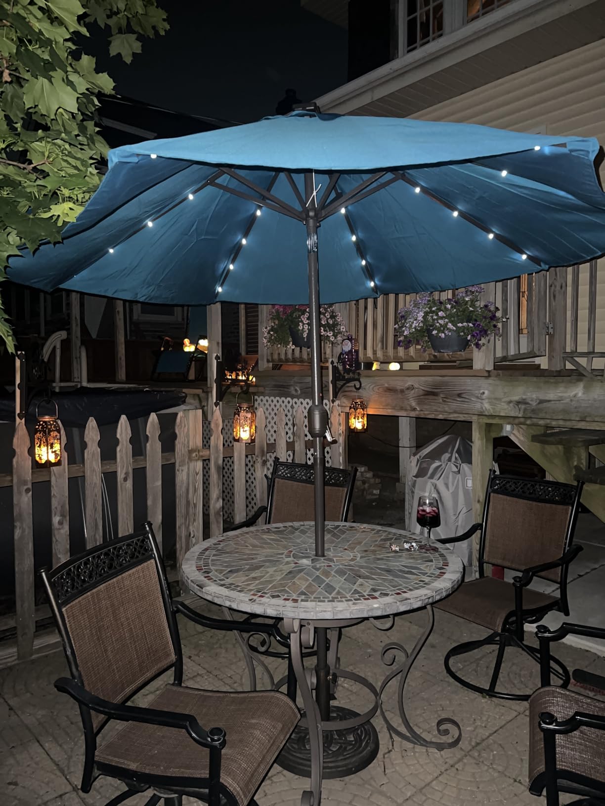 Blissun 9 ft Solar Umbrella 32 LED Lighted Patio Umbrella Table Market Umbrella with Tilt and Crank Outdoor Umbrella for Garden, Deck, Backyard, Pool and Beach (Cerulean) customer photo 2