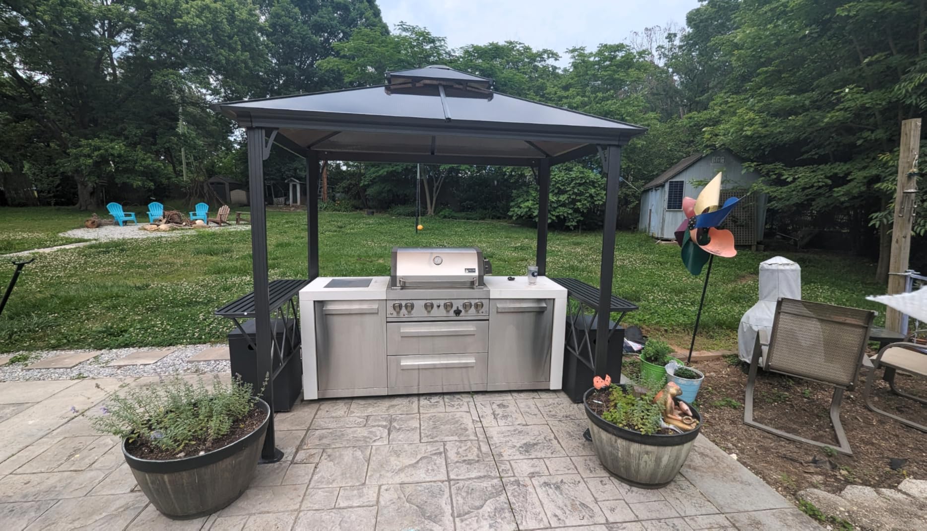 Outsunny 9 x 5 ft. Grill Gazebo, Hardtop BBQ Gazebo Canopy with 2-Tier Polycarbonate Roof, Shelves, Serving Tables, and Hooks, for Backyard, Patio, Lawn, Coffee customer photo 2