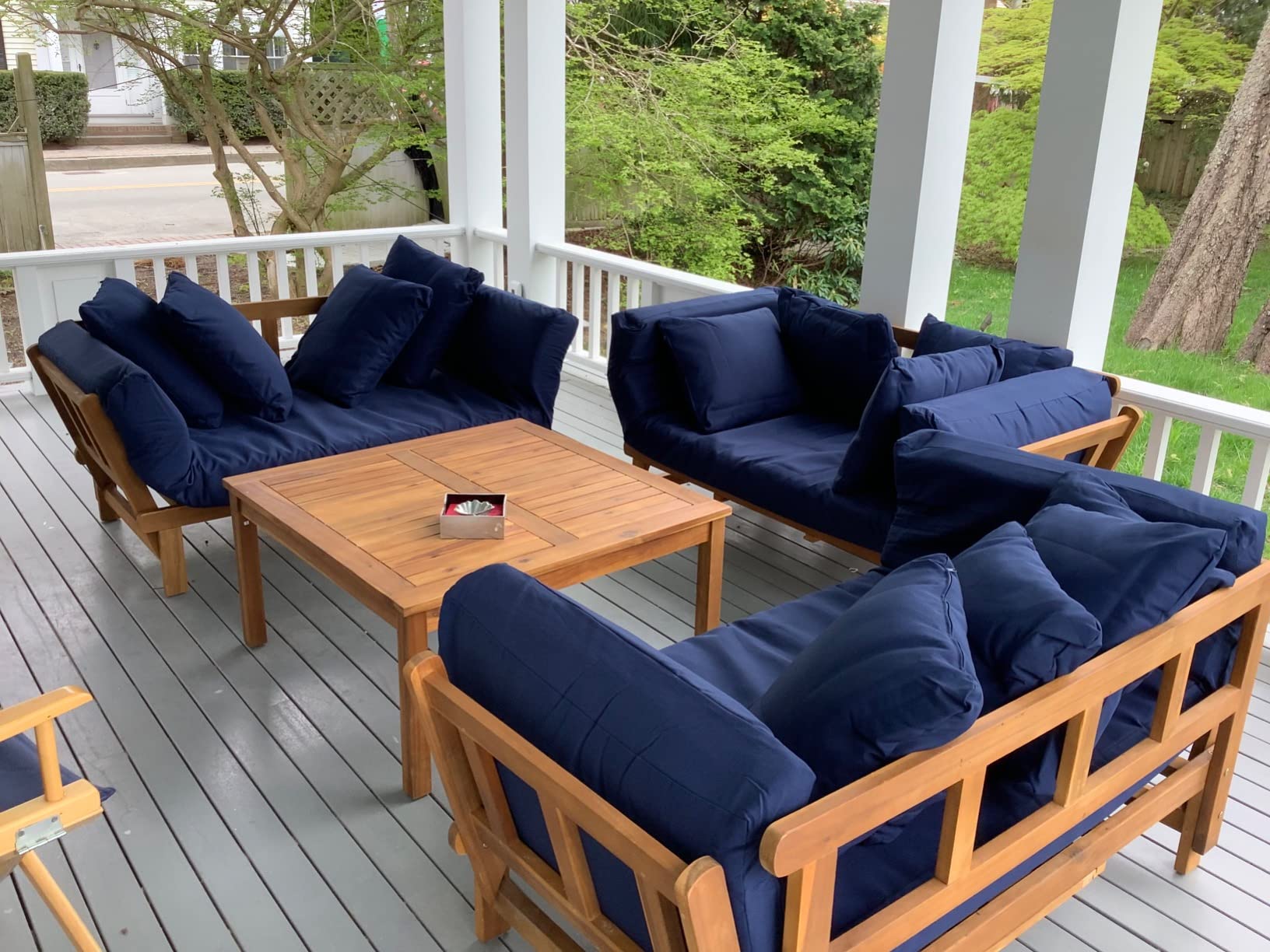 Best Choice Products Outdoor Convertible Acacia Wood Futon Sofa Furniture for Patio, Balcony, Poolside, Backyard w/Pullout Tray, Removable Weather-Resistant Cushion & 4 Pillows - Navy Blue customer photo 1