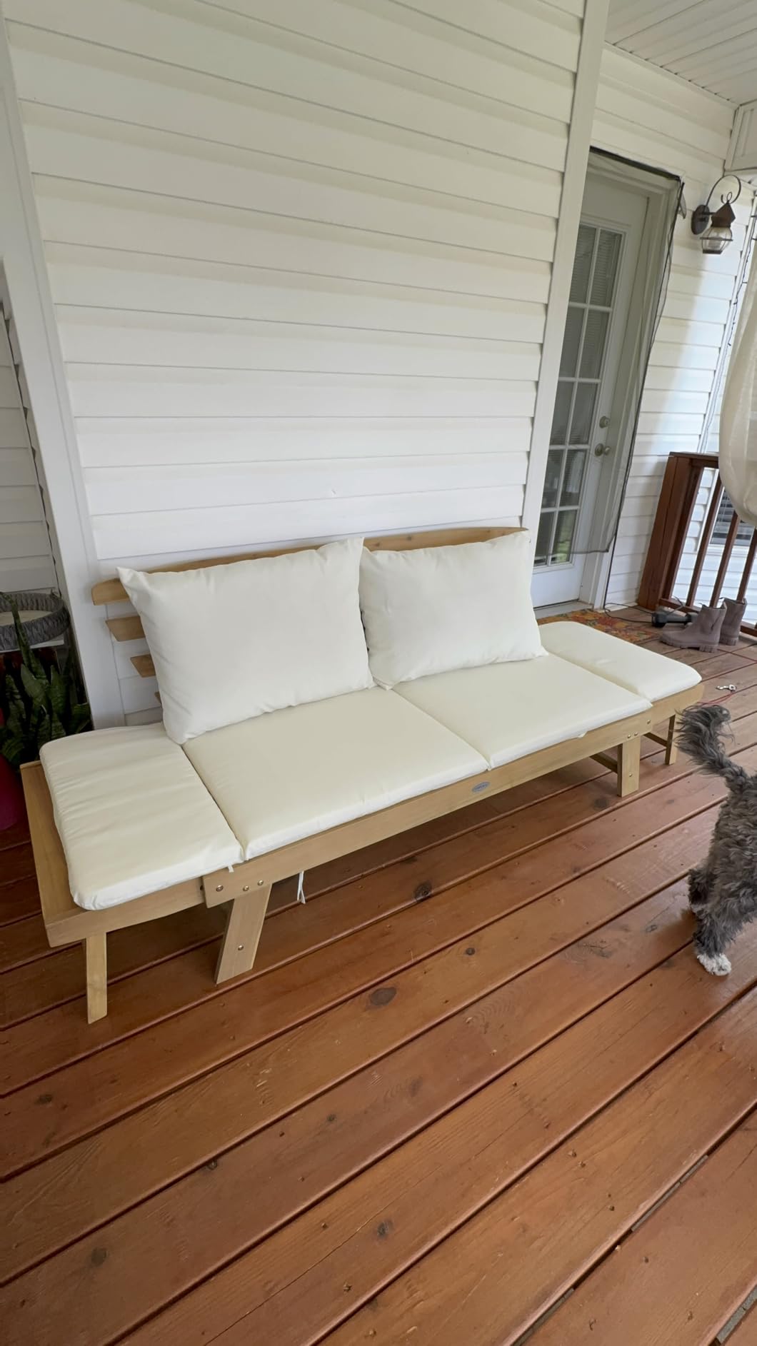 Tangkula Convertible Acacia Wood Patio Couch Sofa Bed with Adjustable Armrest, Outdoor Daybed with Cushion & Pillows, Outside Folding Futon Sofa Couch Bench for Porch, Courtyard, Poolside & Garden customer photo 2