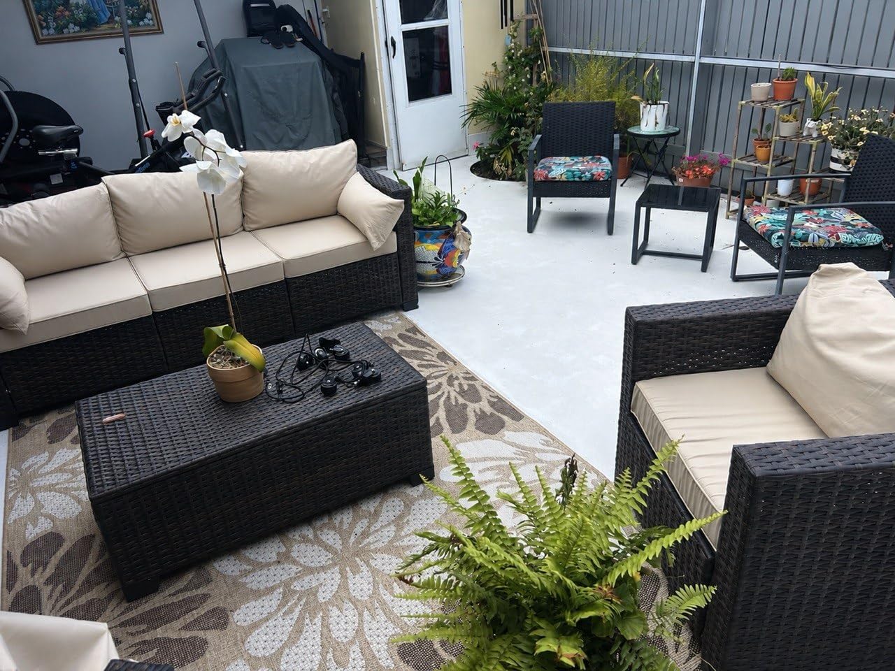 Greesum Patio Furniture 4 Pieces Conversation Sets Outdoor Wicker Rattan Chairs Garden Backyard Balcony Porch Poolside Loveseat with Soft Cushion and Glass Table, Brown and Beige customer photo 2