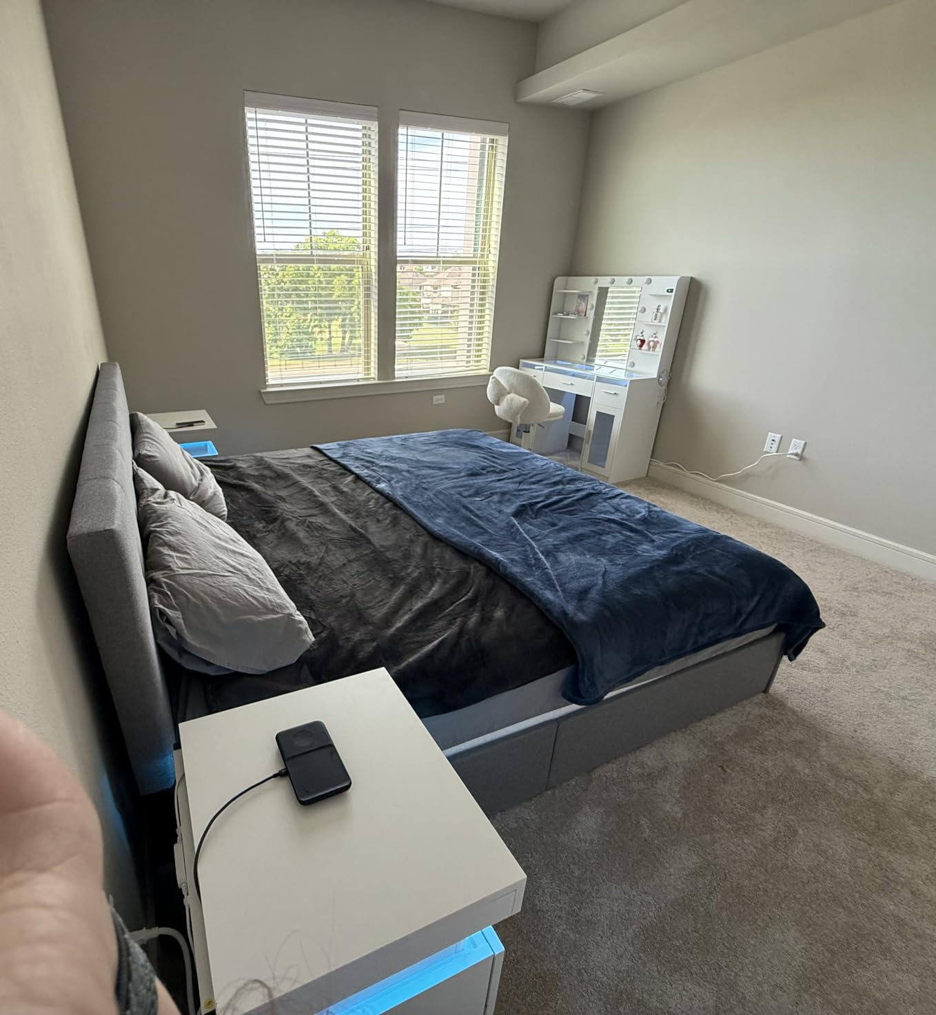 Allewie Upholstered Queen Size Platform Bed Frame with 4 Storage Drawers and Headboard, Square Stitched Button Tufted, Mattress Foundation with Wooden Slats Support, No Box Spring Needed, Dark Grey customer photo 1