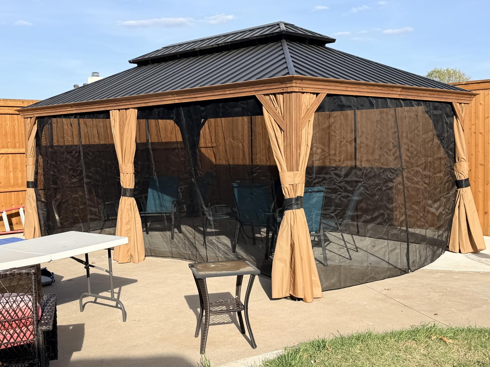 PURPLE LEAF 10' X 12' Outdoor Hardtop Gazebo for Patio Galvanized Steel Double Roof Permanent Canopy Teak Finish Coated Aluminum Frame Pavilion Gazebo with Netting customer photo 1