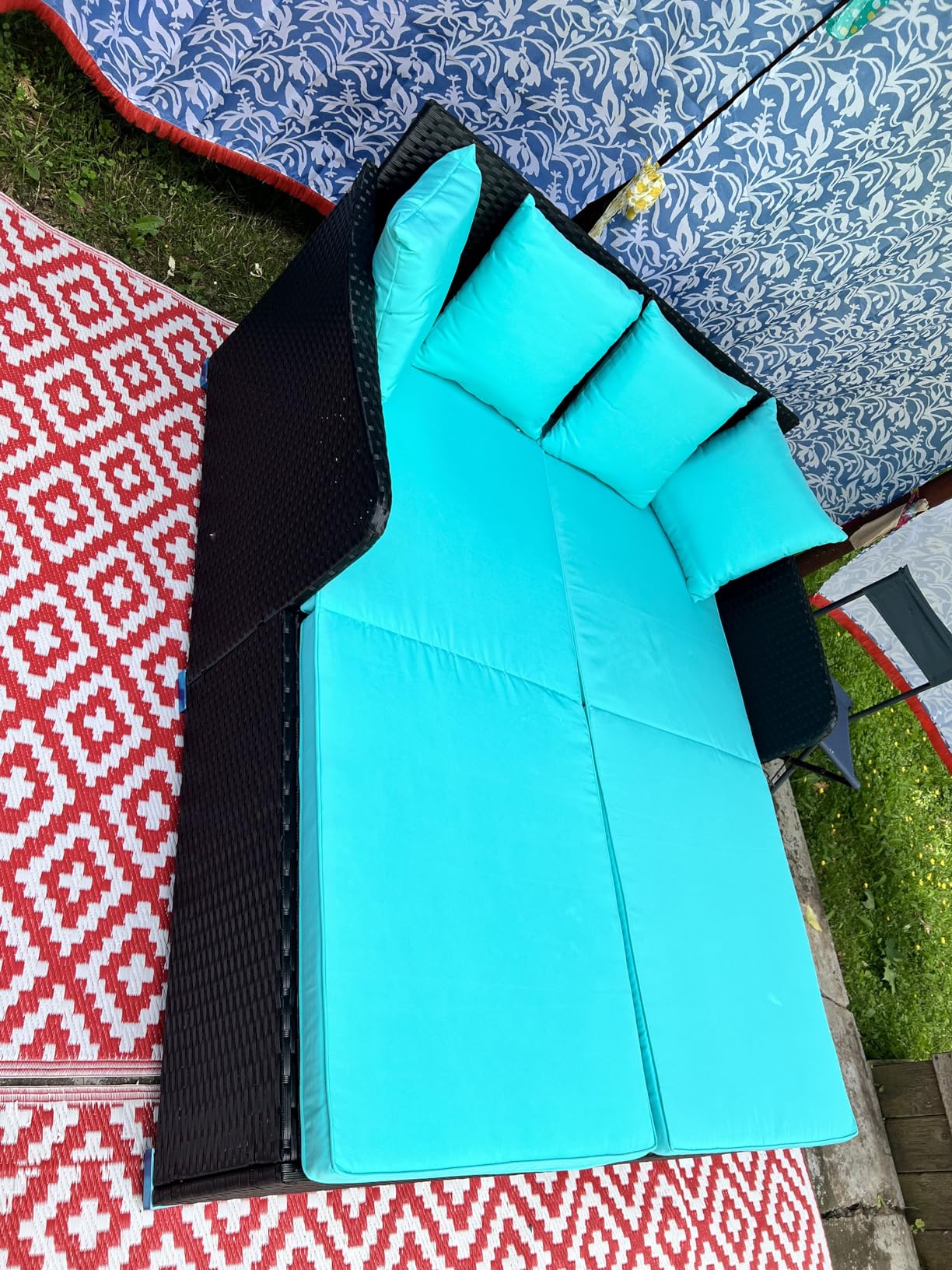 HAPPYGRILL Outdoor Rattan Daybed, Patio Sunbed Sofa Set with Cushion & Pillows, Sturdy Aluminum Foot, Wicker Patio Furniture Double Bed Lounger for Garden Porch Poolside customer photo 2