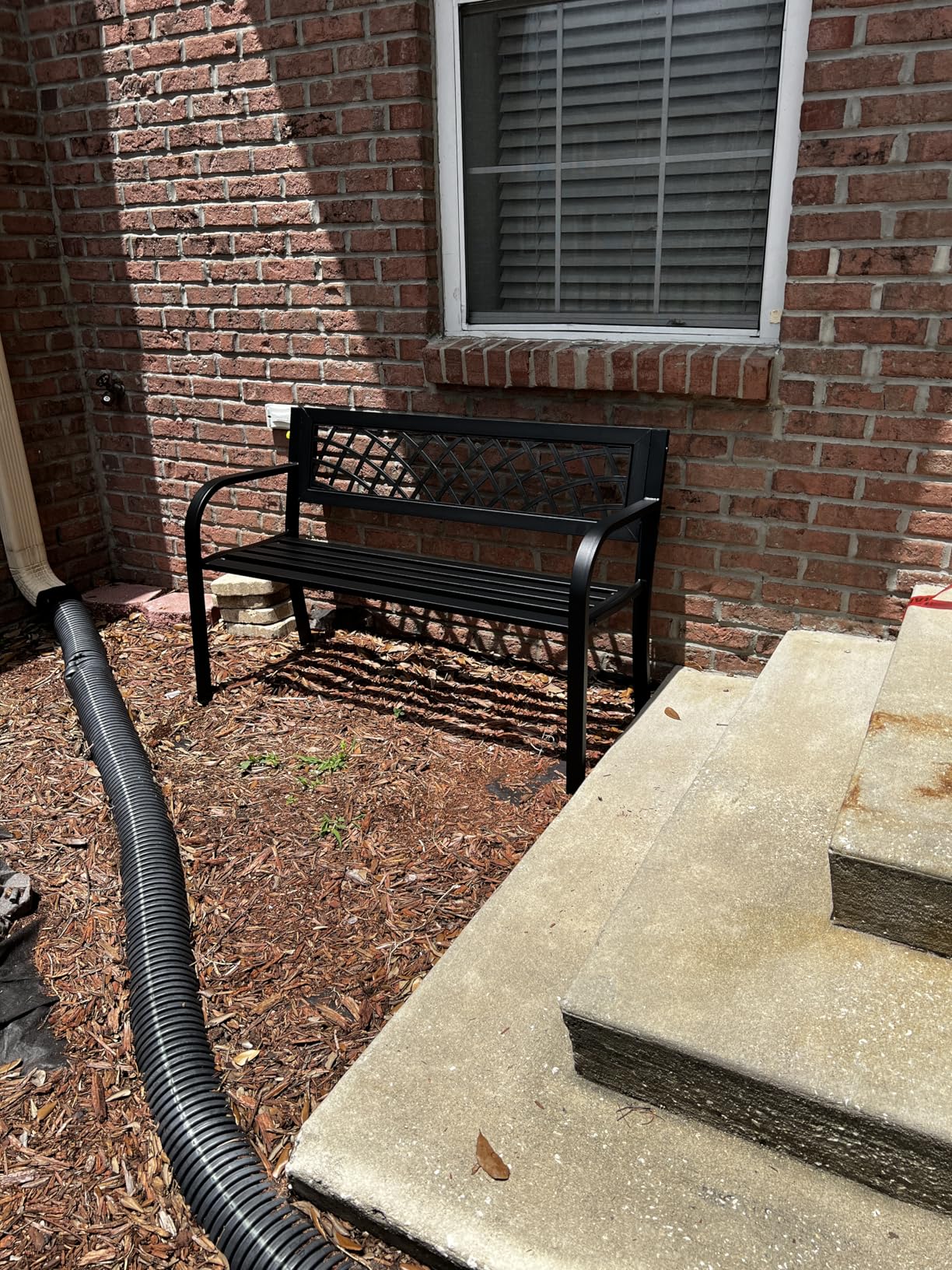 Garden Bench, Outdoor Benches, Iron Steel Frame Patio Bench with Mesh Pattern and Plastic Backrest Armrests for Lawn Yard Porch Work Entryway, Black customer photo 1