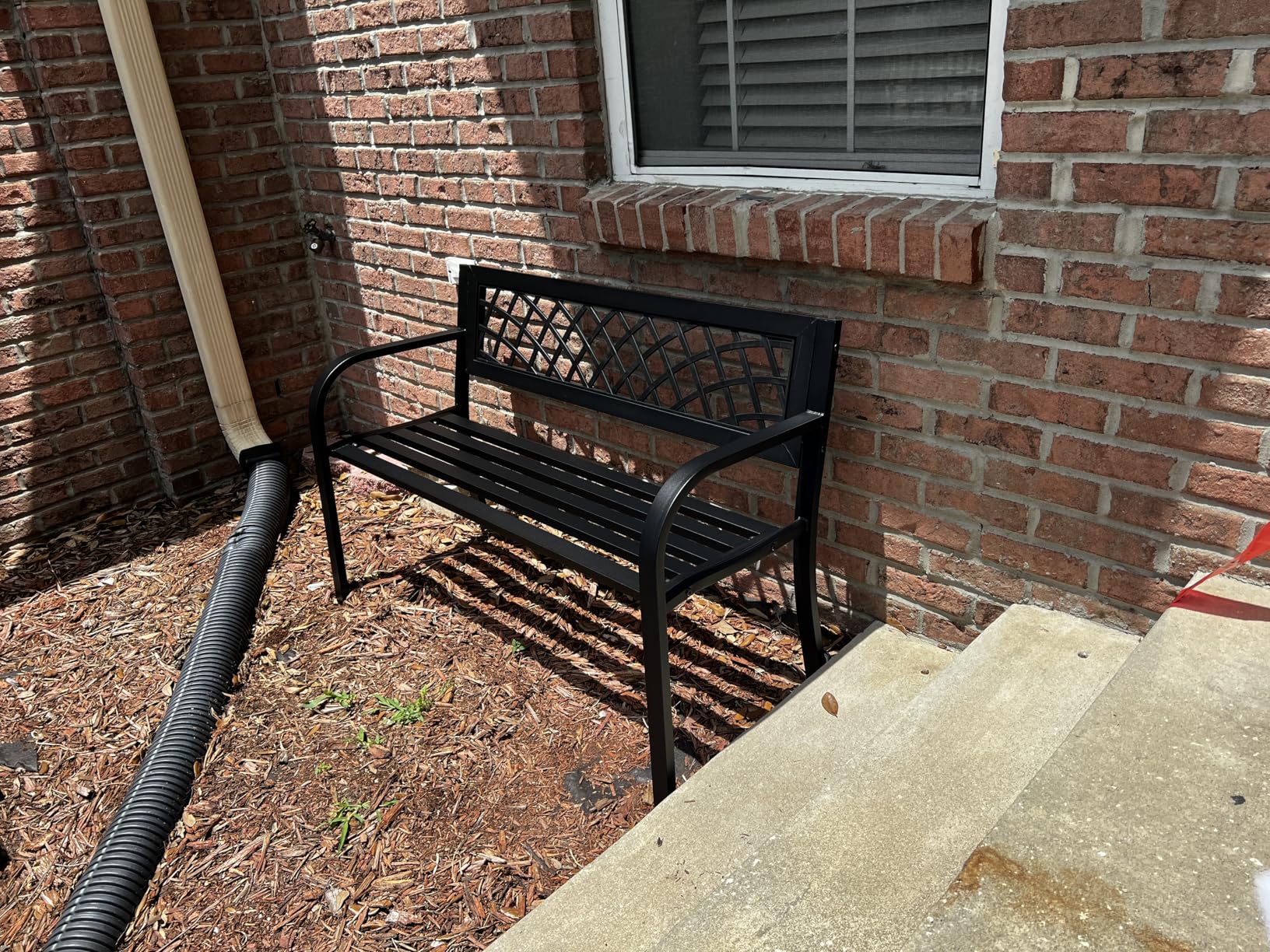Garden Bench, Outdoor Benches, Iron Steel Frame Patio Bench with Mesh Pattern and Plastic Backrest Armrests for Lawn Yard Porch Work Entryway, Black customer photo 2