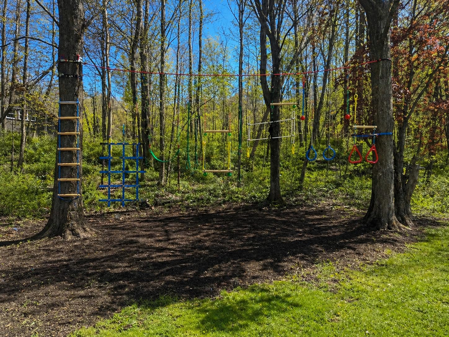 Dripex Ninja Warrior Obstacle Course for Kids, 2×50ft Slack Lines for Backyard with 8 Ninja Accessories - Monkey Bar, Rope Ladder, Gymnastic Ring, Arm Trainer and Monkey Fist customer photo 1