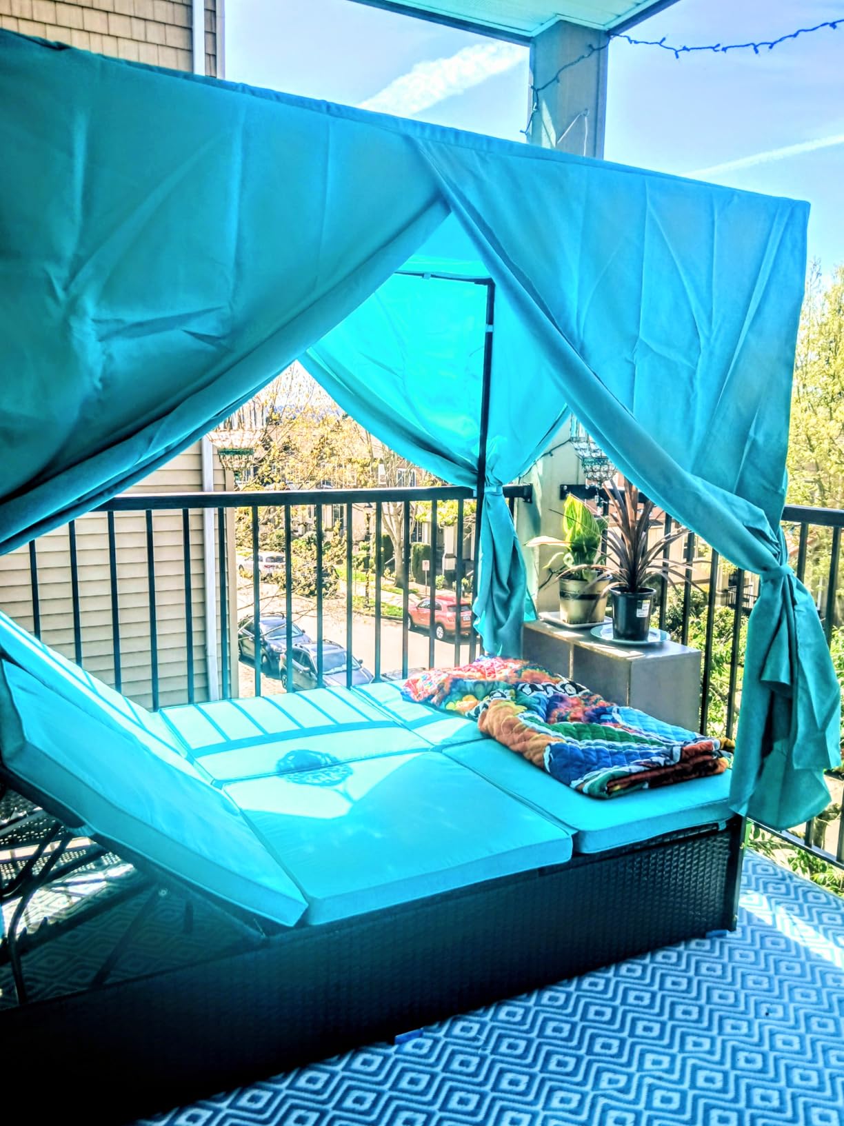 Patio Chaise Lounge, PE Rattan Outdoor Patio Wicker Sunbed Daybed with Adjustable Seats, Four-sided Canopy, Overhead Curtain and Beige Cushions for Backyard, Garden, Poolside (for 2-6 people) customer photo 1