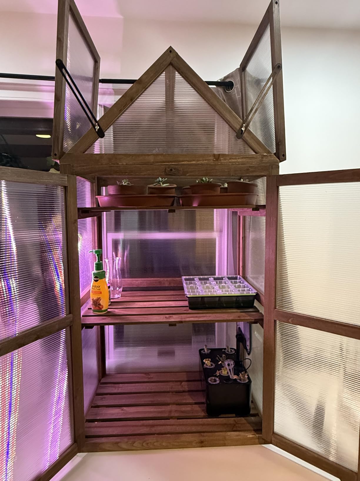 Happygrill Cold Frame, Mini Wooden Green House w/Transparent Openable Roof, Raised Flower Planter Shelf w/3 Adjustable Shelves & Polycarbonate Panels, Small Wood Greenhouse Cabinet for Indoor Outdoors customer photo 1